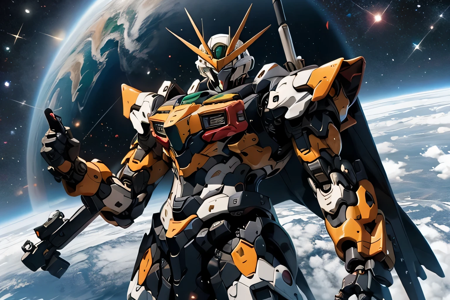 Mobile Suit Gundam with an all-black body、Gold trim on body、Fly in outer space。Earth with stars on background、