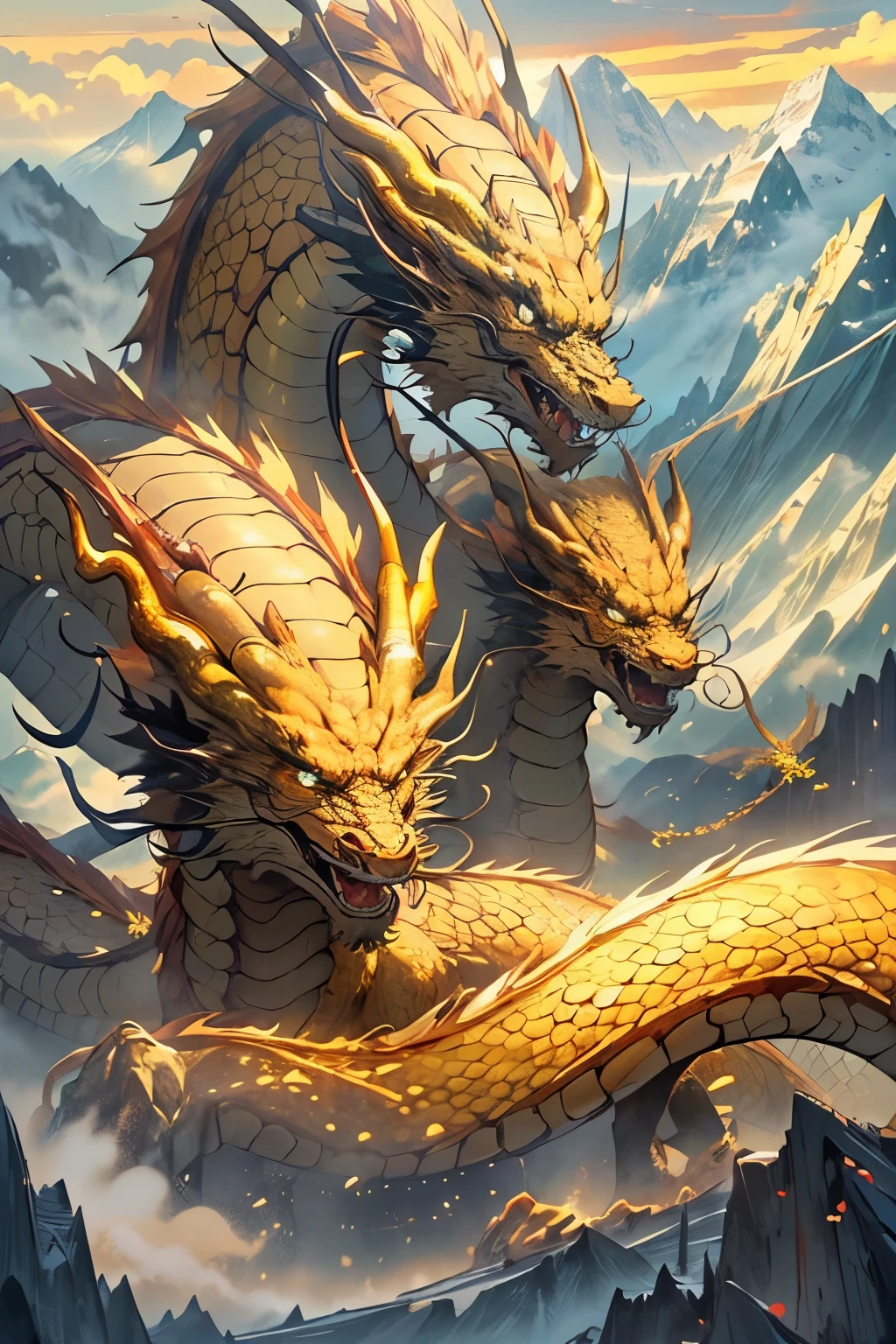 ((worst quality, low-quality)),(Golden Dragon, Golden Dragonの頭:1.3), (Beautiful magnificent mountains and dragon background:1.4),masutepiece, Best Quality, ultra-detailliert,