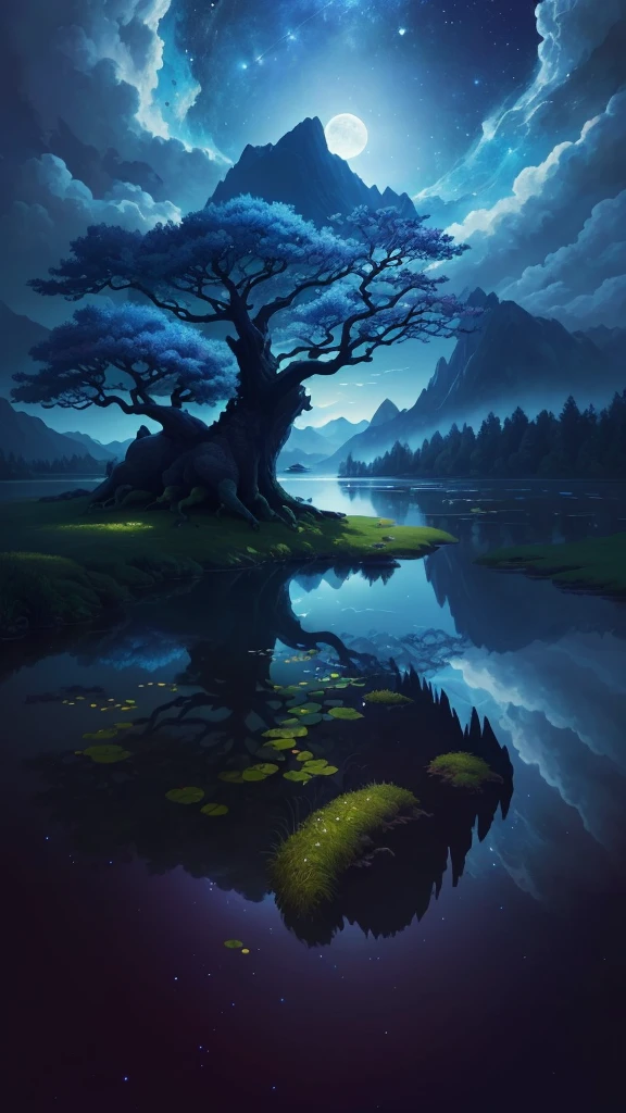 Create a painting capturing the serene beauty and harmony of the night sky. Incorporate a full moon shining brightly, casting a soft glow over a peaceful landscape. Surround the moon with stars, creating a galaxy that stretches across the canvas.

In the foreground, depict a lush tree adorned with delicate sakura blossoms, symbolizing renewal and the fleeting beauty of life. Perched on the branches of the tree, have colorful birds singing their melodies, adding a touch of life and movement to the scene.

In the distance, imagine a majestic dragon soaring gracefully through the night sky, representing power, strength, and mythical allure. Let the dragon's scales glisten with hints of silver and gold, reflecting the moonlight.

To add a sense of tranquility, have a gentle sea or lake reflecting the celestial wonders above. Incorporate elements of greenery, like meadows or forests, framing the scene and creating a connection between the earthly and celestial realms.

The overall mood of the painting should evoke a sense of awe and wonder, inviting the viewer to escape into this harmonious universe. Let your brushstrokes and color choices create a dreamlike and ethereal atmosphere,  the painting a captivating visual experience.