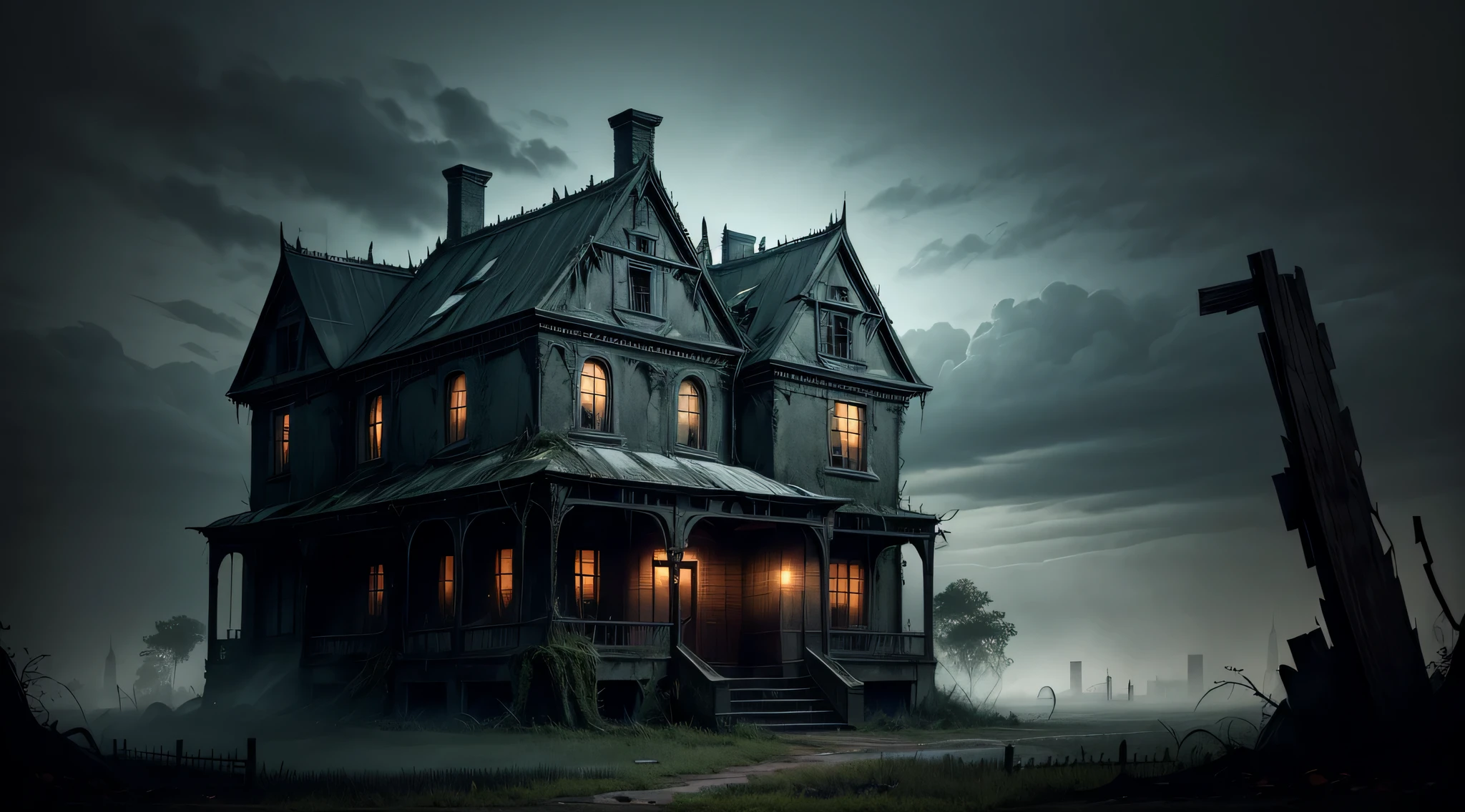 Generate an image depicting a foreboding, decrepit house cloaked in darkness. Show an old, imposing structure with dilapidated features, warped windows, and overgrown, twisted vegetation surrounding it. Emphasize the eerie atmosphere with shadows lurking around the corners, an ominous sky above, and an overall sense of haunting and dread emanating from the house.