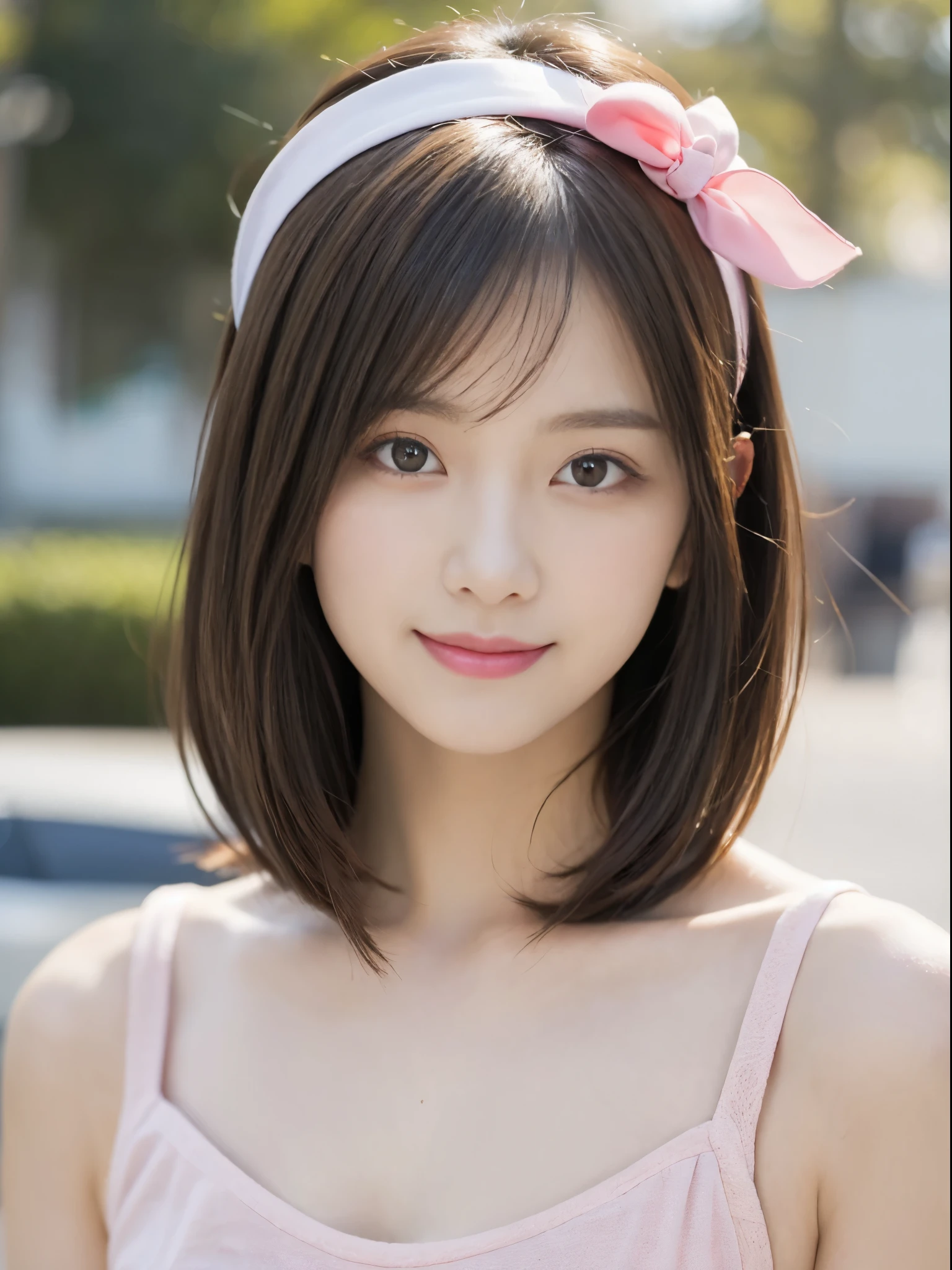 masutepiece, Best Quality, Illustration, Ultra-detailed, finedetail, hight resolution, 8K Wallpaper, Perfect dynamic composition, Beautiful detailed eyes, Women's summer,Short bob hair,small breasts with natural colored lips,, Bold sexy poses,Smile,Harajuku、20 years girl、Cook in a sexy shot of the lens、wearing a thin pink headband