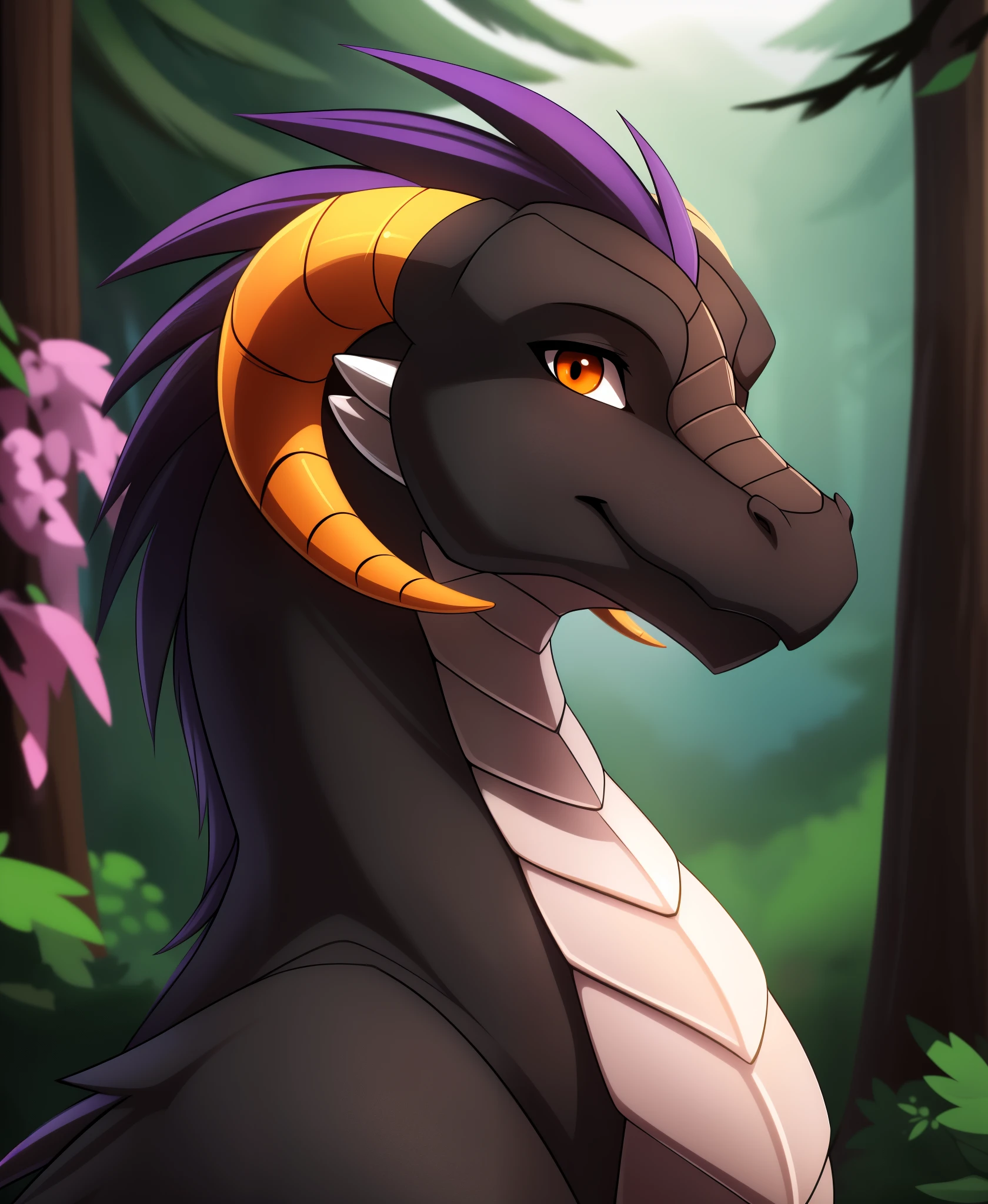 dragon-reni, twokinds, by tom_fischbach,, (best quality, masterpiece:1), feral, full body ,solo, female, black dragon,, orange eyes, portrait, looking at viewer, horns, horn curled, scalie, dragon tail, dragon white , (outdoors dark forest trees blurry blurred background:1.1), naked,