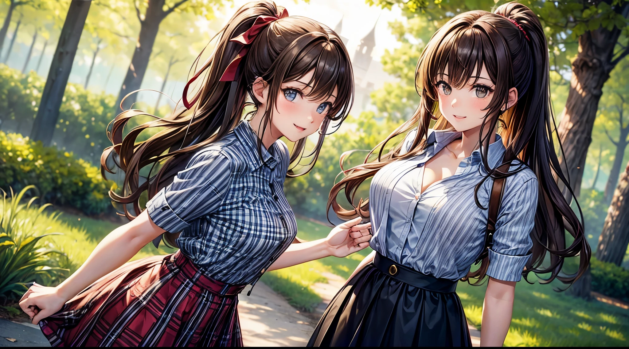 1girl, summer, village, trees, sun, clouds, ((colorful hair)), long hair, curly hair, ponytail, large breasts, button down shirt, ((blue checked shirt)), ((unbuttoned shirt)), cleavage 1:3, brown eyes, ((opened brown zipper jacket)), leather jacket, ((red black skirt)), smile, looking at the viewer, touching neck, standng, hair ribbon, golden necklate