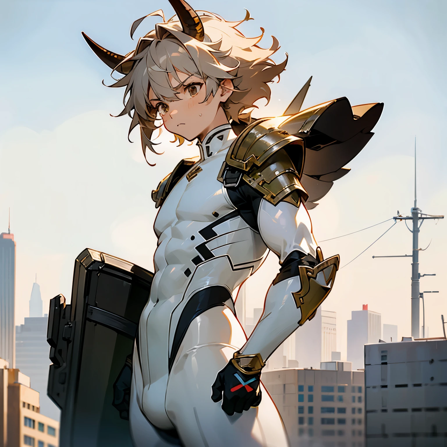 1male , Young Male ,  Male , Muscular , Light Grey Hair , Hazel Brown Eyes , Ox Horns , Serious Expression , Gon Hair , Messy Hair ,White Body Suit,Armor Piece, Modern City Background, Sunny Day , Bull Horn , sole male