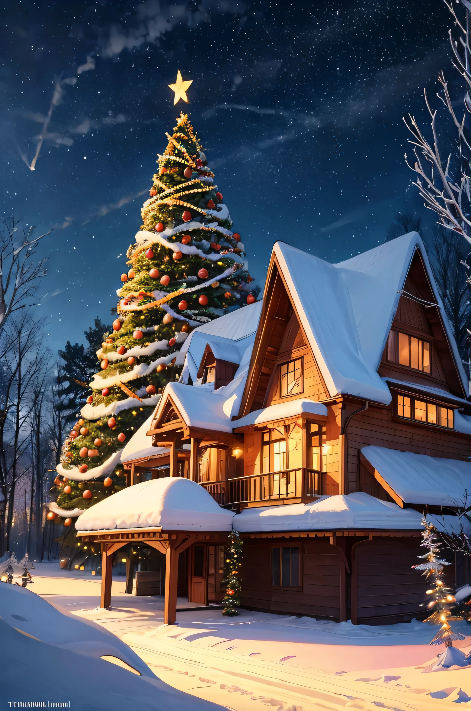 lonely tree in the air, the night, It's snowing, Drifts, garlands on the Christmas tree, forest and house in the distance. темная the night. the stars
