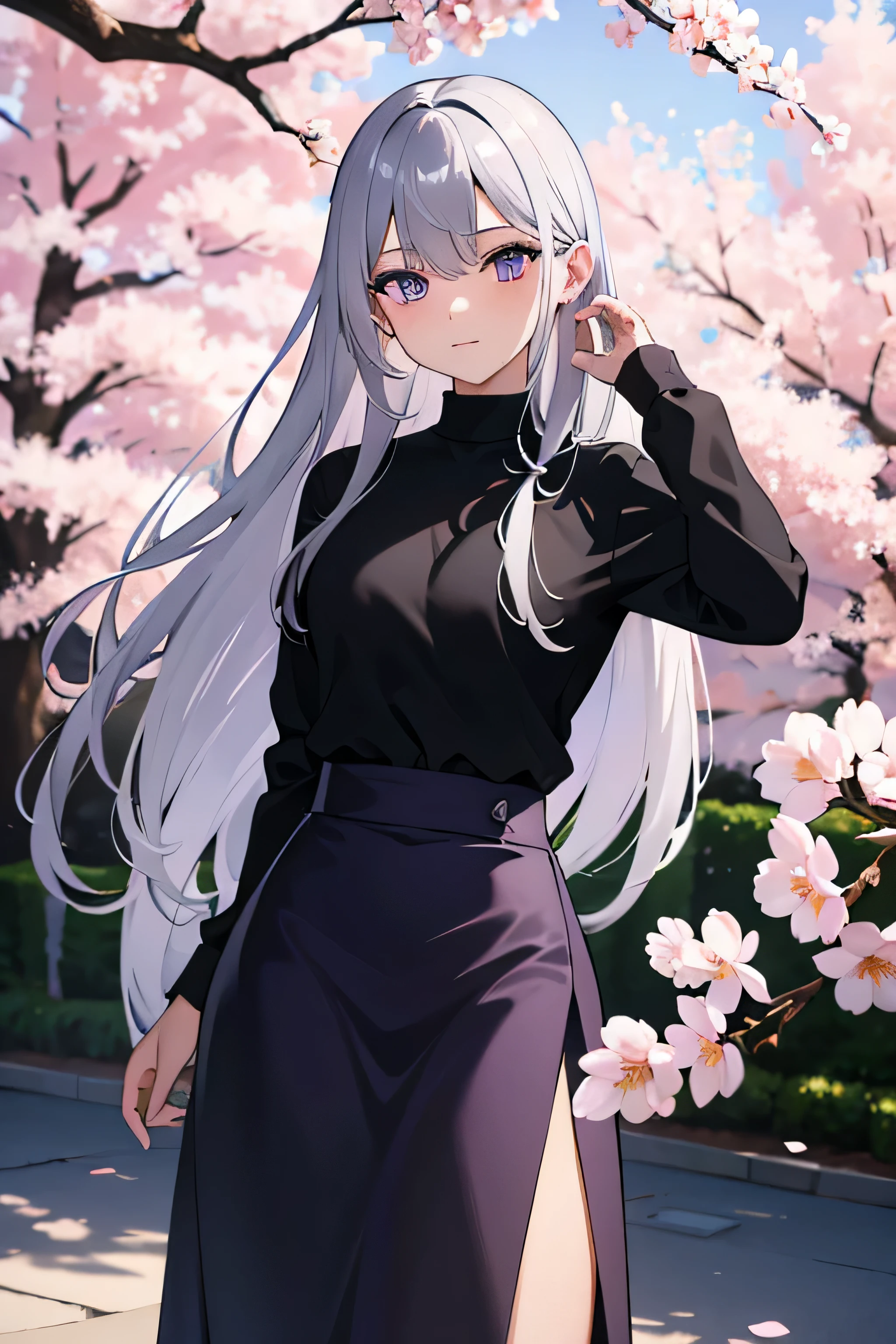 silver hair, wearing plain black shirt, skirt, cherry blossom trees in background, absurdres, high res, ultrasharp, 8K, masterpiece, mature, detailed, sharp detailed purple eyes