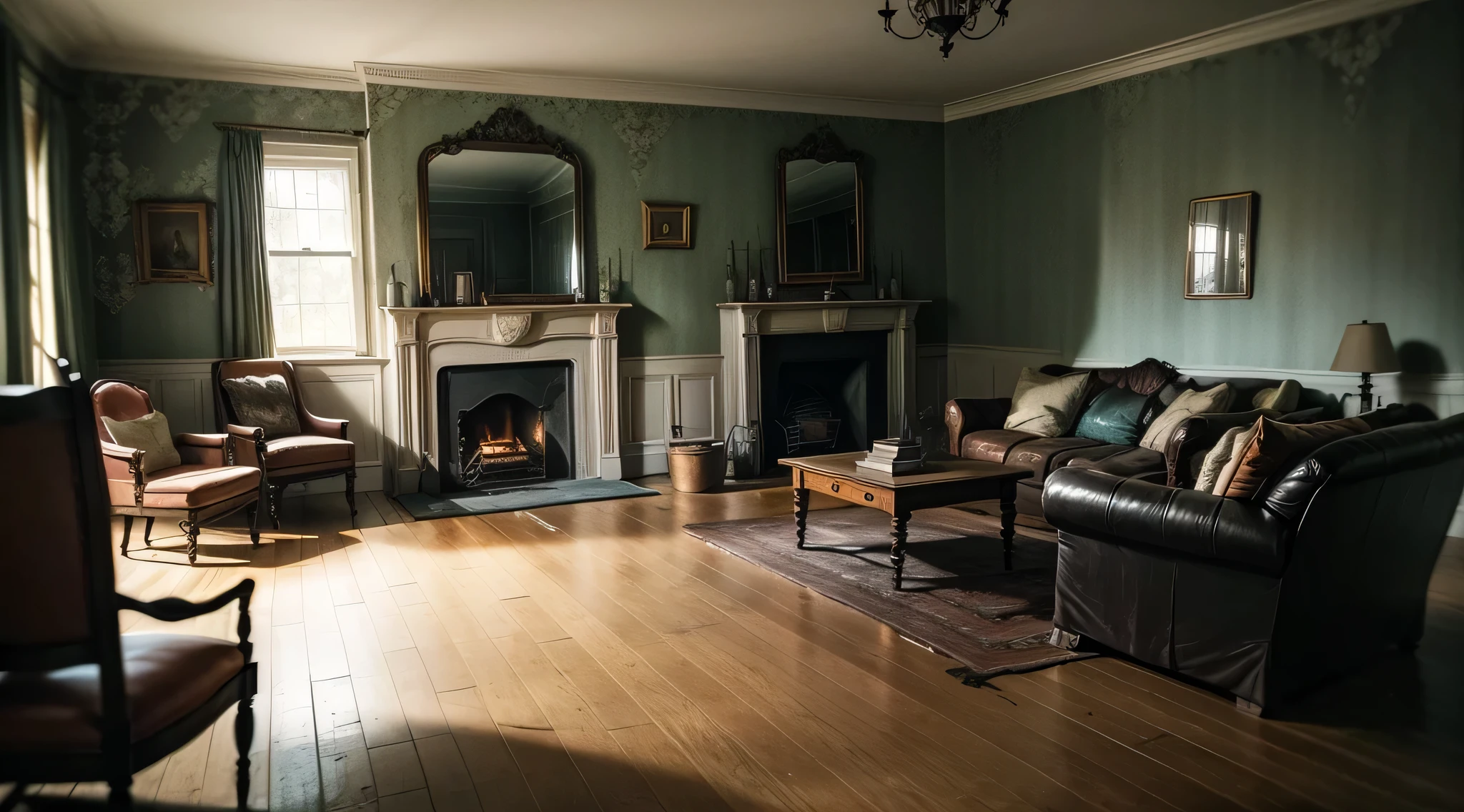 Generate an image showcasing a dimly lit living room within an aged, slightly eerie house. Feature antique furniture, faded wallpaper, and weathered wooden floors. Show a fireplace with dying embers, casting faint light and eerie shadows across the room. Highlight old paintings on the walls, creaky floorboards, and an overall atmosphere that hints at both history and mystery.