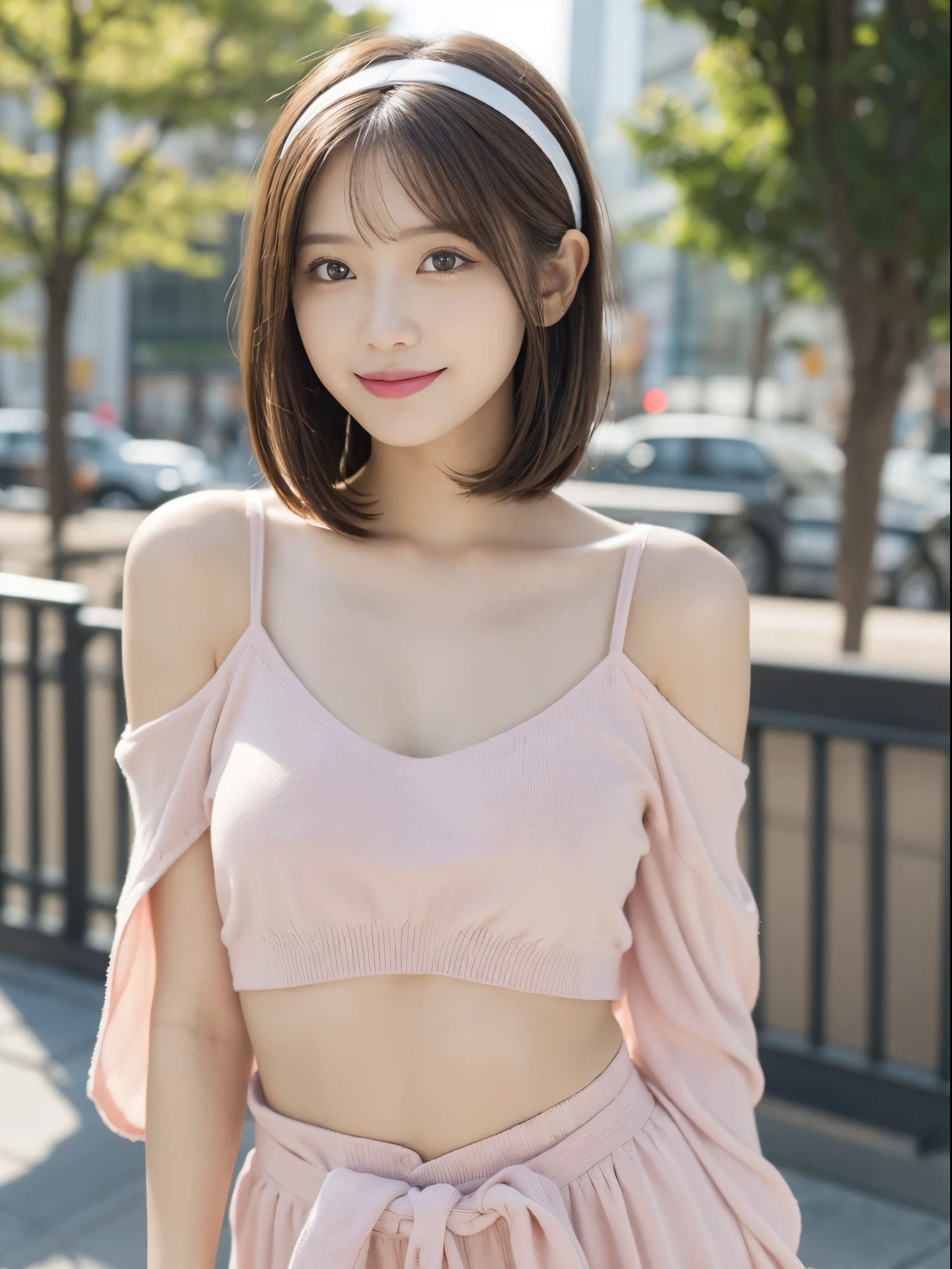 masutepiece, Best Quality, Illustration, Ultra-detailed, finedetail, hight resolution, 8K Wallpaper, Perfect dynamic composition, Beautiful detailed eyes, Women's summer,Short bob hair,small breasts with natural colored lips,, Bold sexy poses,Smile,Harajuku、20 years girl、Cook in a sexy shot of the lens、wearing a thin pink headband