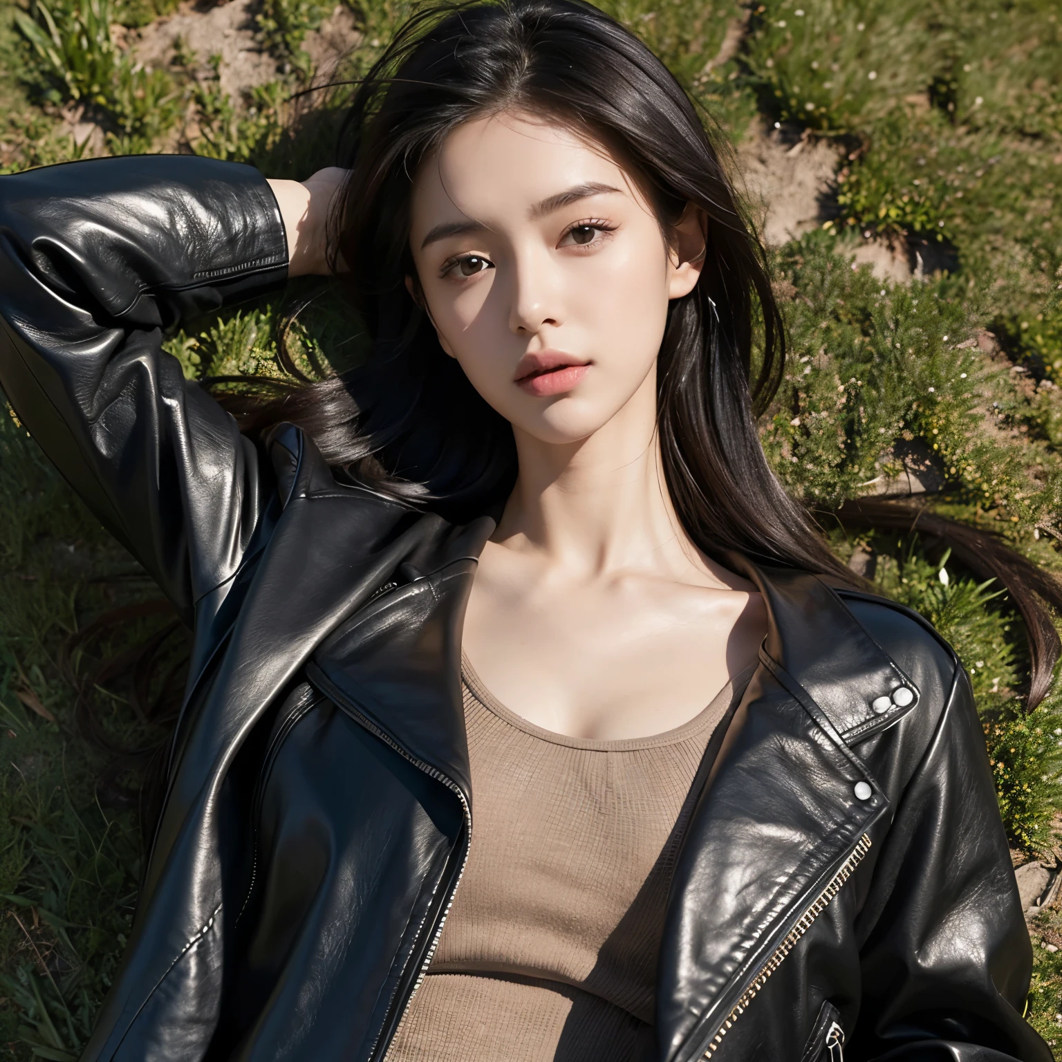 A girl of 20 years old, slender, average breast size, long black hair, hair loose, brown eyes, looking straight in front of her, wearing a black leather jacket, lying on the grass, rakers from above, close-up, portrait,