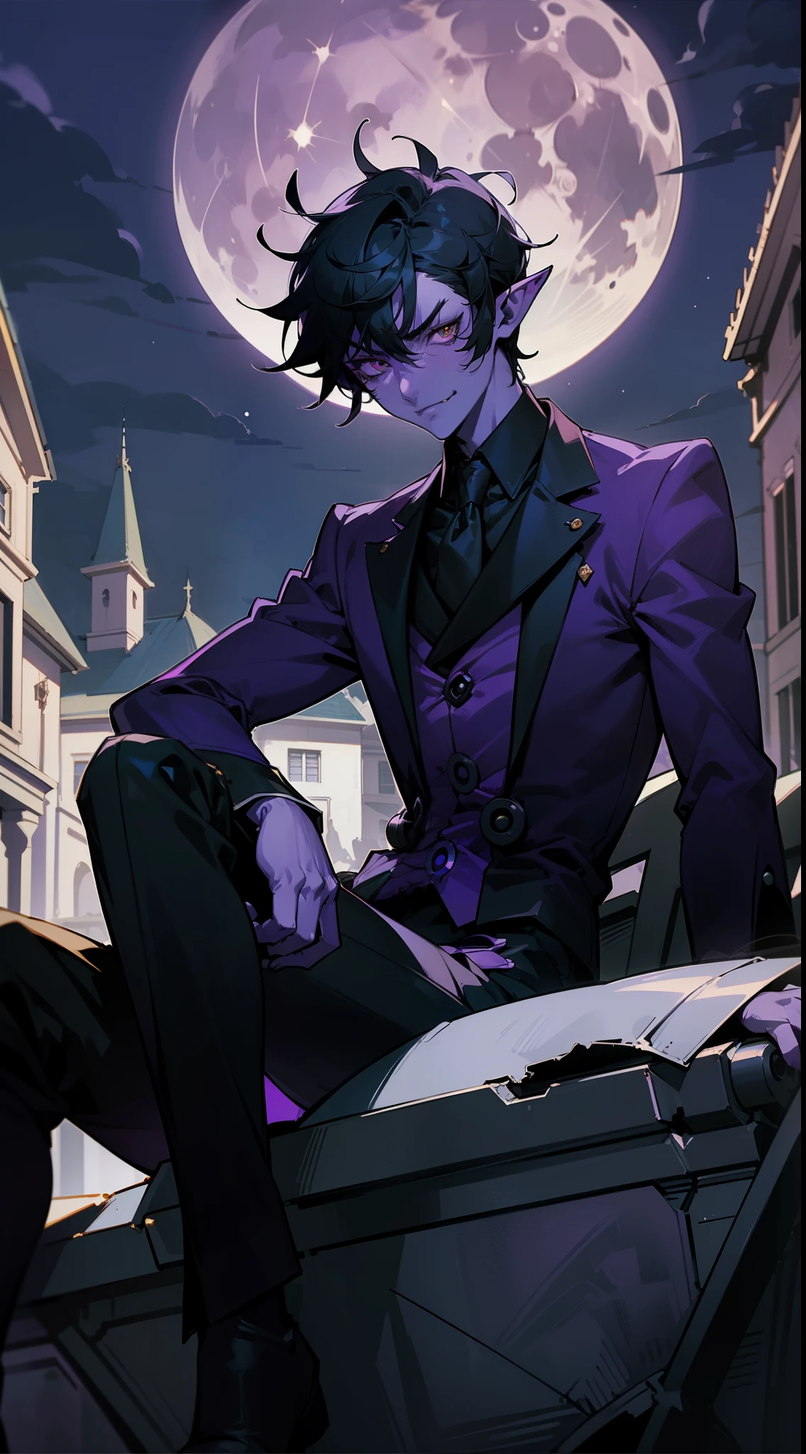 1boy,((purple skin,colored skin)),20s,black hair,green eye,pointy ears,(velvetmoutfit).(sitting,full moon,night,destroyed house),((angry)),smile,from front