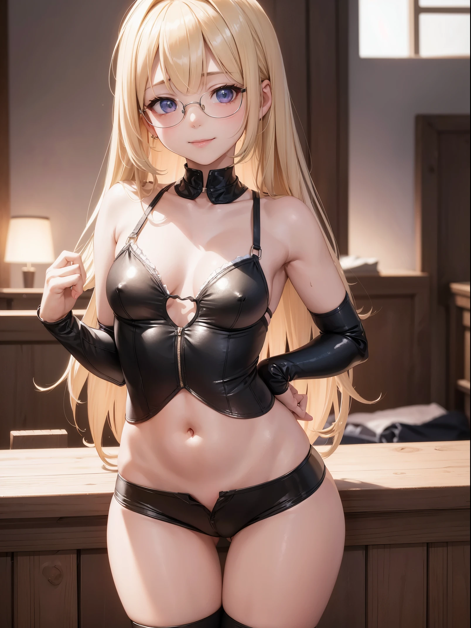 1girl, bangs, body, 13 year old girl, blonde hair, sensual cleavage, sensual mouth, small breasts, ass facing the viewer, back to screen, smile, tight, micro shorts 1.4, Ultra HD, 4k image , glasses, character near the camera