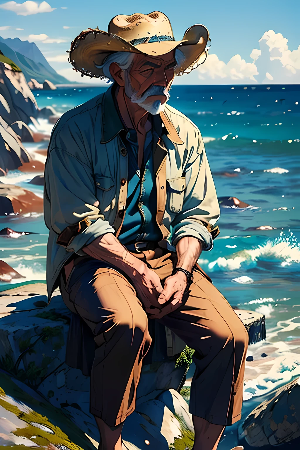 (masterpiece, best quality:1.2), cinematic shot, solo, 1man, Santiago from old man and the sea, expressionless, closed mouth, fisherman, old, looking far away, sitting on a rock, torn clothes , cowboy hat, sitting near the ocean
