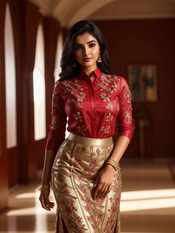 Beautiful gorgeous face, delicate face, highly detailed face, shining eyes, sharp nose, glossy red lips, glowing skin, slender body, curvy structure, perfect figure, Tamil woman, 25 year old, (wearing:1.6 checked shirt knotted front rolled sleeves, floral floor length skirt high heels, wrist watch), eyes symmetry, face symmetry, look at viewer, HDR, 64K, masterpiece, high quality, intricate detailing, full body shot from bottom