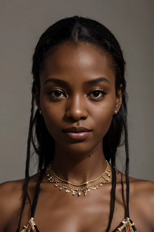 a close up of a woman with a necklace and a necklace, dark-skinned, young black woman, brown skin. light makeup, black young woman, stunning african princess, dark skinned, dark skin, dark skin tone, gorgeous woman, dark brown skin, brown skinned, dark black skin tone, african facial features, maria borges, black girl, black teenage girl, full body