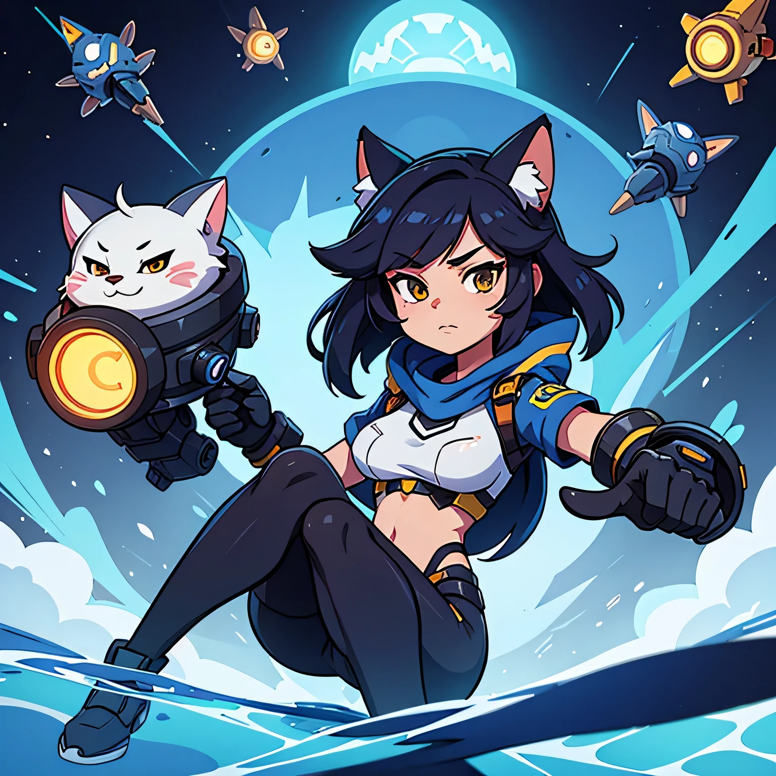 there is a cat that is holding a large wheel, fully robotic!! catgirl, krystal from star fox, inspired by Leng Mei, officer, an anthropomorphic cyberpunk fox, from arknights, echo from overwatch, high detailed official artwork, high quality fanart, portrait anime space cadet girl, ana from overwatch, as an overwatch character, police officer
