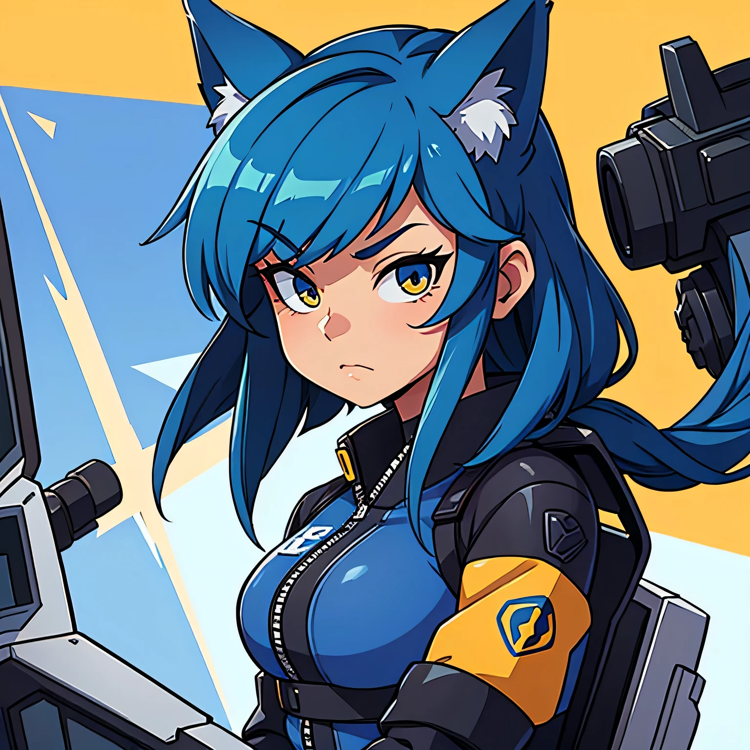 there is a cat that is holding a large wheel, fully robotic!! catgirl, krystal from star fox, inspired by Leng Mei, officer, an anthropomorphic cyberpunk fox, from arknights, echo from overwatch, high detailed official artwork, high quality fanart, portrait anime space cadet girl, ana from overwatch, as an overwatch character, police officer
