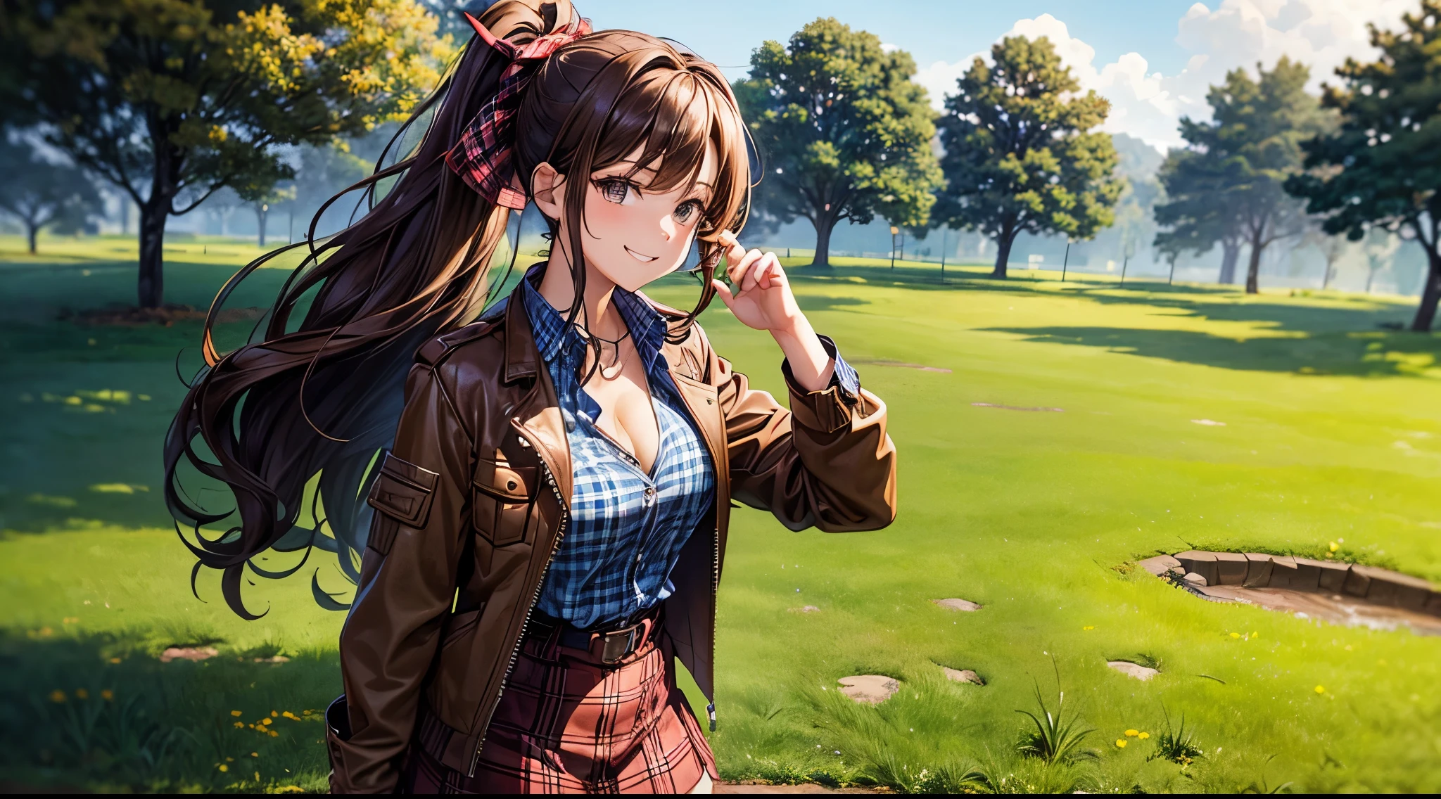 1girl, solo, village, trees, brown hair, long hair, curly hair, ponytail, large breasts, button down shirt, ((blue checked shirt)), ((unbuttoned shirt)), brown eyes, ((opened brown zipper jacket)), leather jacket, red and black skirt, grin, looking at the viewer, standng, hair ribbon