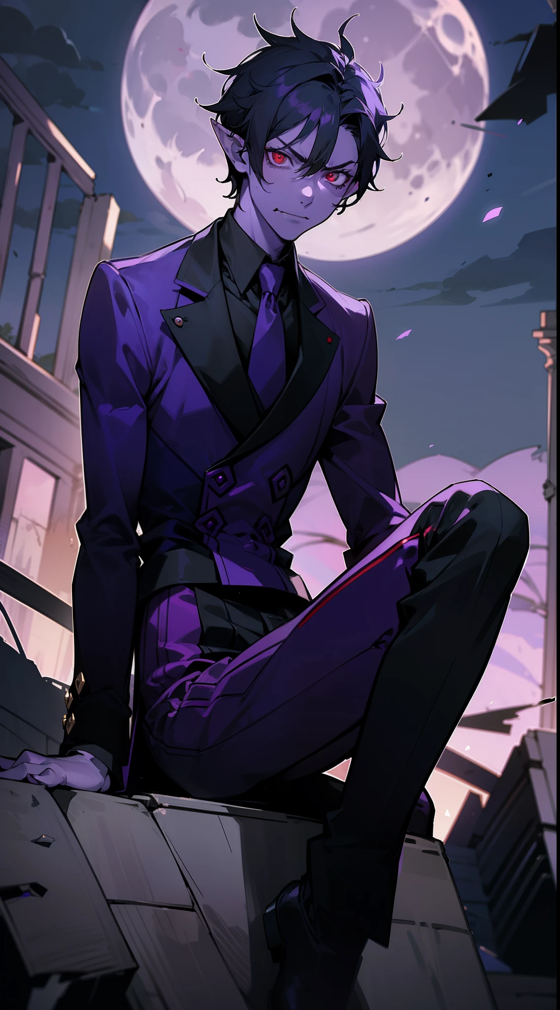 1boy,((purple skin,colored skin)),20s,black hair,red eye,pointy ears,(velvetmoutfit).(sitting,full moon,night,destroyed house),((angry)),smile,from front