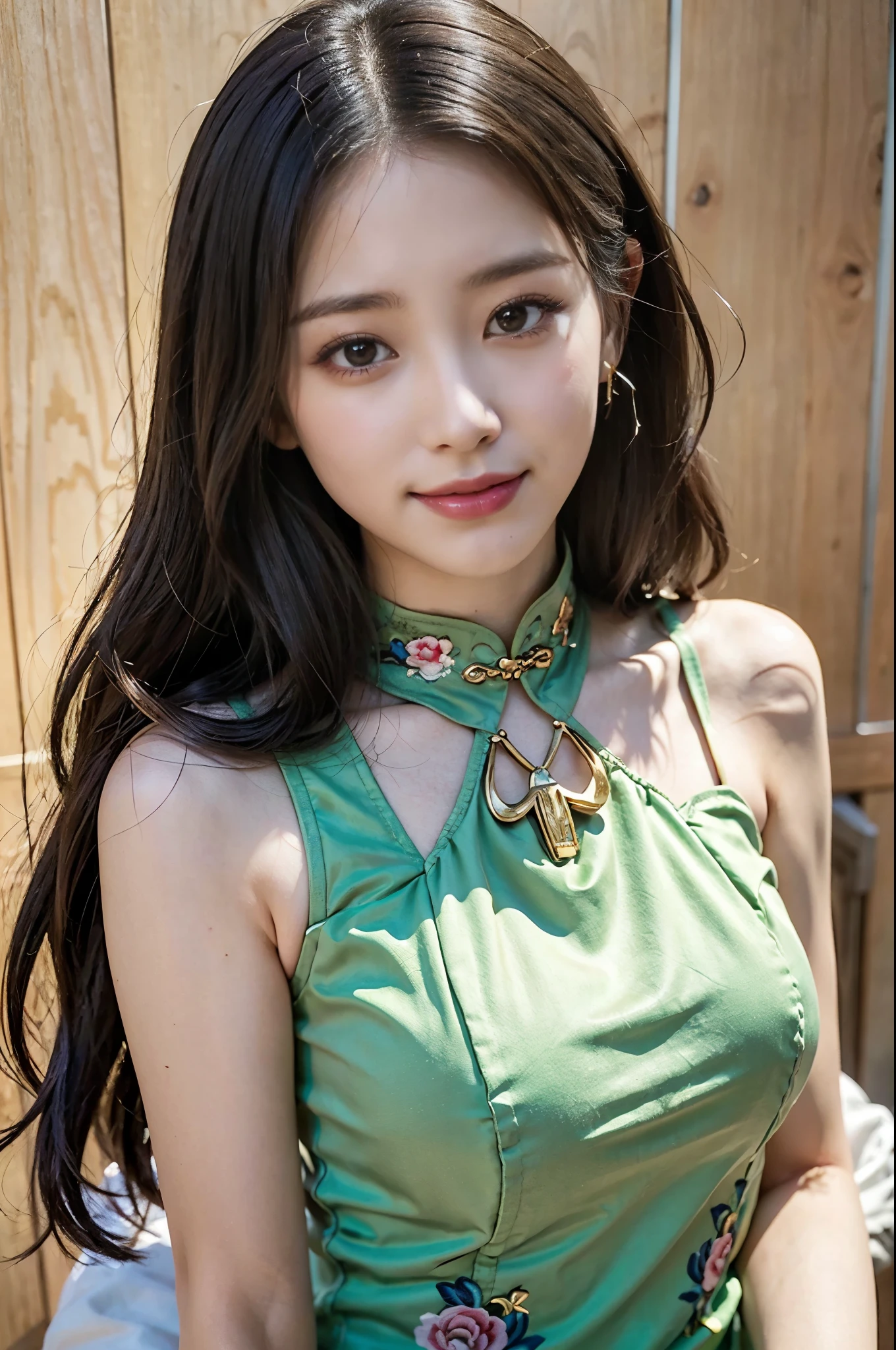 A close up of a woman in a green dress posing for a picture - SeaArt AI