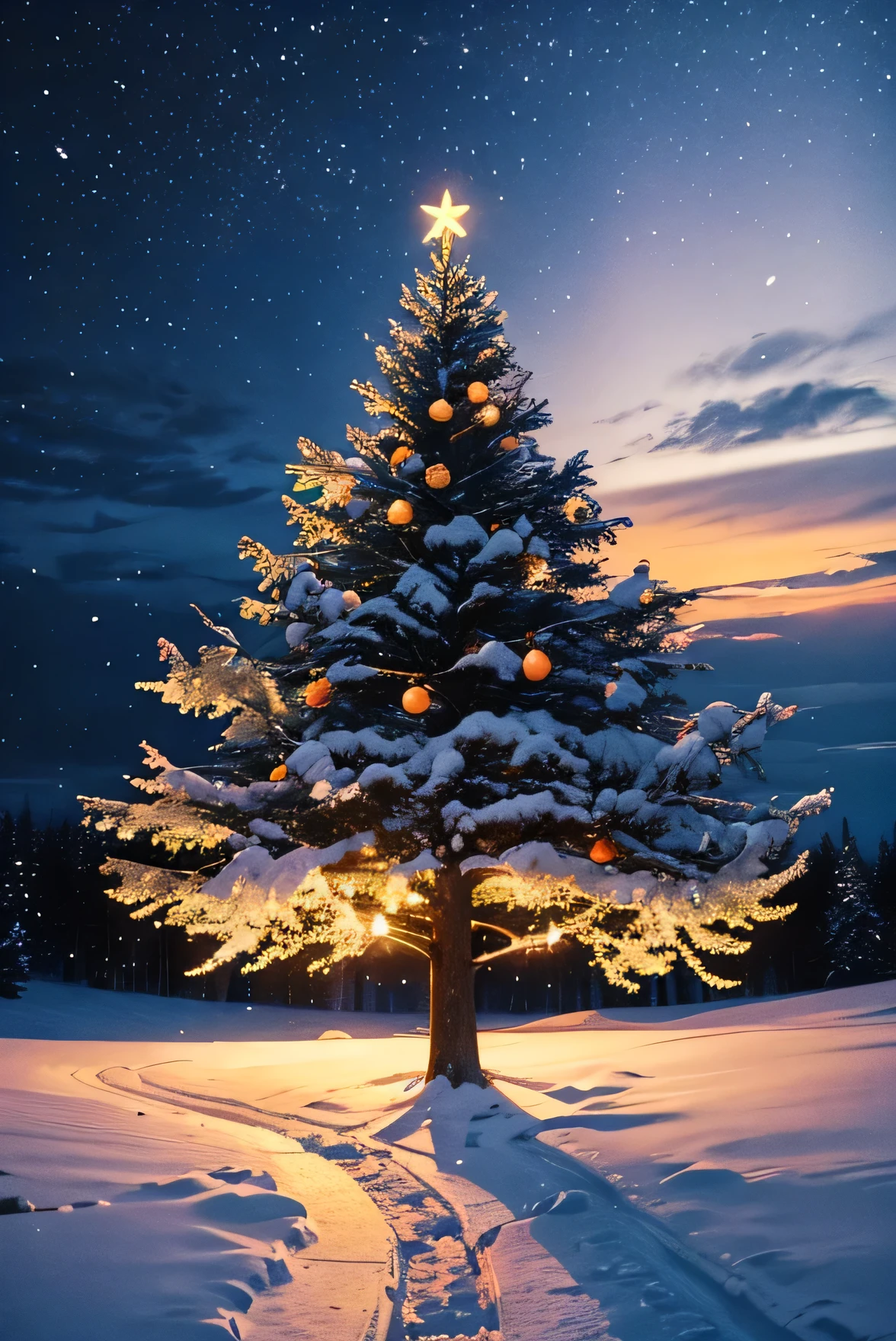 lonely tree in the air, the night, It's snowing, Drifts, garlands on the Christmas tree. beautiful spruce, forest and house in the distance. темная the night. the stars