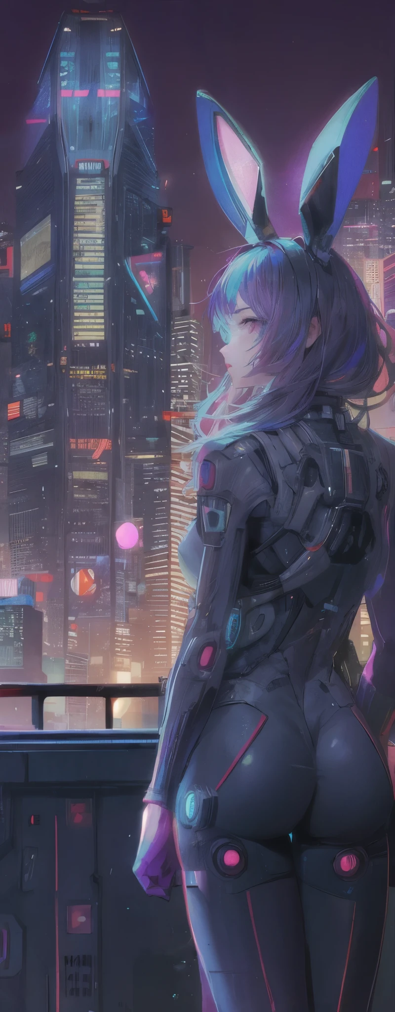 1 Girl, Tight Body-suite, reverse bunny-suite, (cyberpunk city background at night)