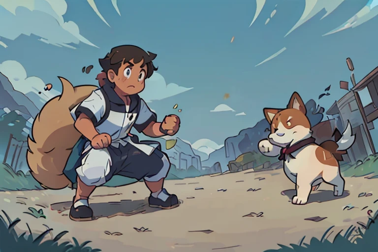 there is a chubby tan and white Pembroke welsh corgi. he is sitting upright with his butt flat on the ground. his paws out like a boxer. it is in the style of a fighting type Pokémon card art. 2d, like the anime.