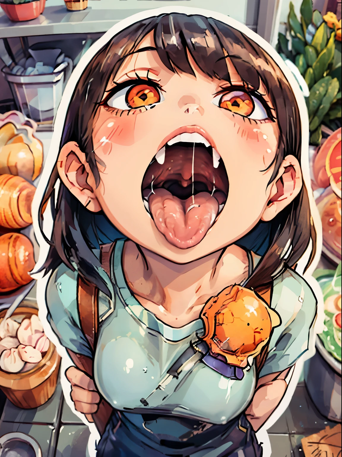 animesque、a sticker、Close-up of the mouth、1beautiful girl、tchibi、Mainly depicting the mouth、super close up of mouth、tongue、long tongue、sticking out the tongue、Show the inside of the mouth、Open your mouth wide and show me your throat、teak、lip stick、fish-eye lens、