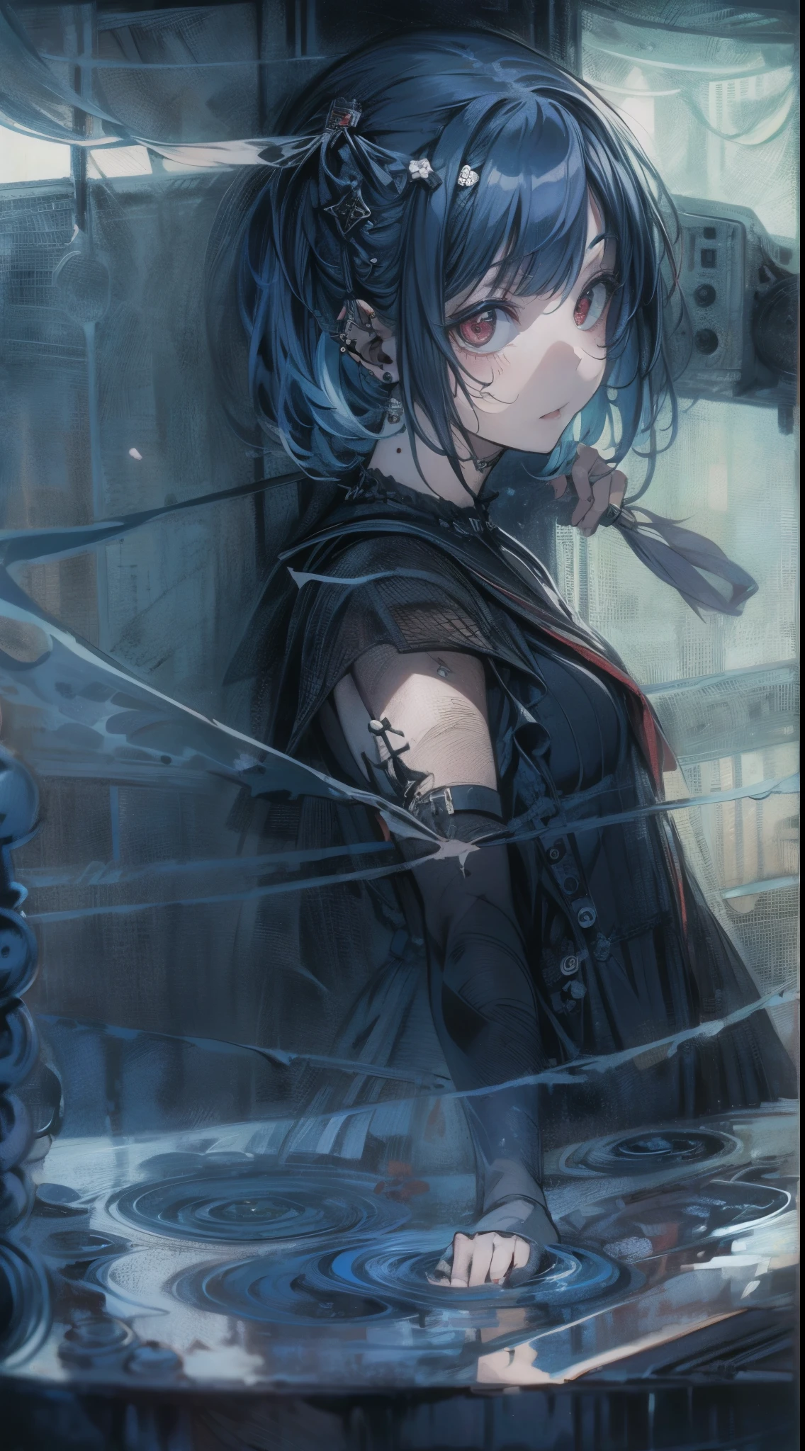 Multi-layered, transparency, relief, asymmetry, 1 girl, solo, ruthless, dark gothic punk, piercing, blunt bangs, dark blue hair, straight short bob, water mirror, ultra dynamic angle, ultra dynamic posture, ultra detailed, 8k.