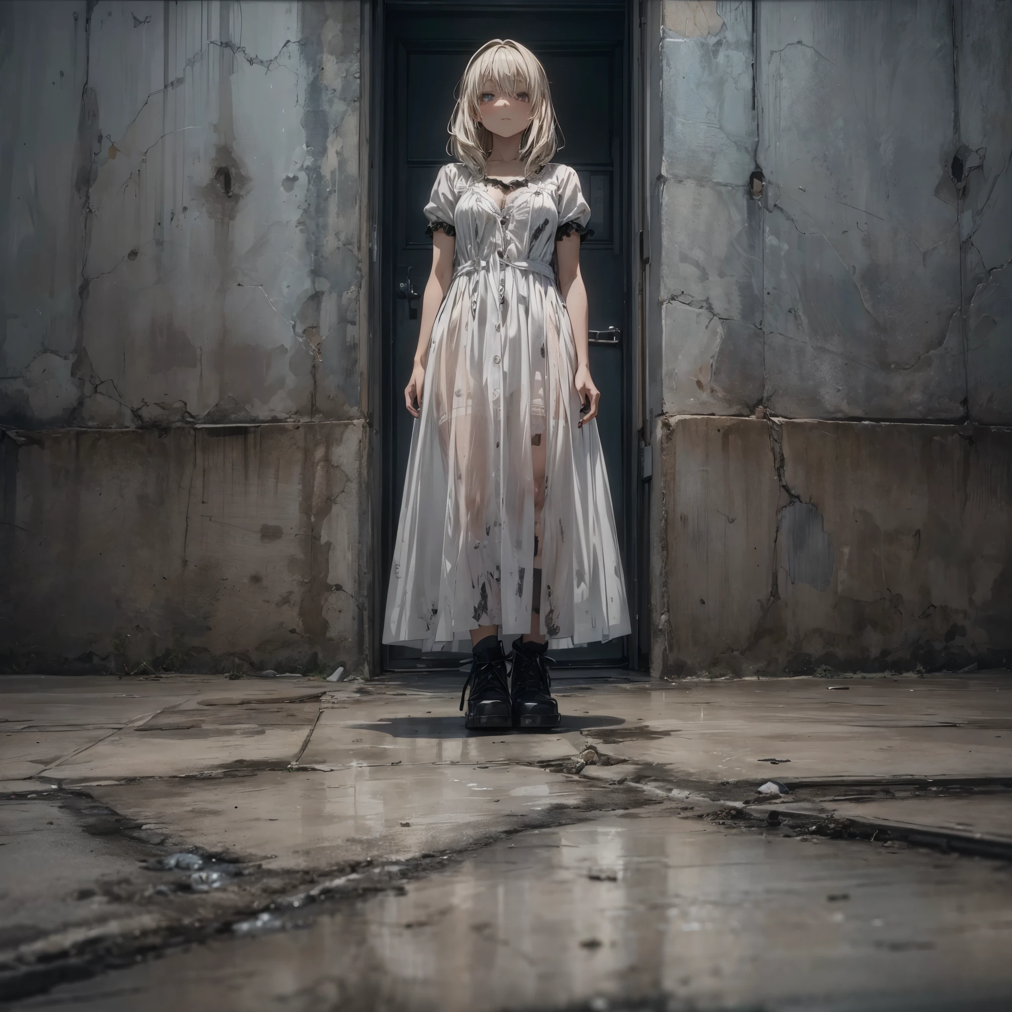 A desolate concrete room with walls showing signs of age and neglect, the floor awash with reflective puddles that catch the light, creating a mirror-like effect, BREAK
Two anime-style girls, their appearances a fusion of punk and gothic influences, stand back-to-back. Their faces are devoid of emotion, exuding a cold, detached aura, BREAK
Black-painted nails contrast with the pale skin of their hands, reminiscent of porcelain dolls, adding to the cruel, doll-like play of the scene, BREAK
The use of high-definition 3DCG textures to give lifelike detail to the characters and their stark surroundings, BREAK
The air is thick with a sense of ennui, and every surface is ultra-detailed, adding to the overall depth and complexity of the image.