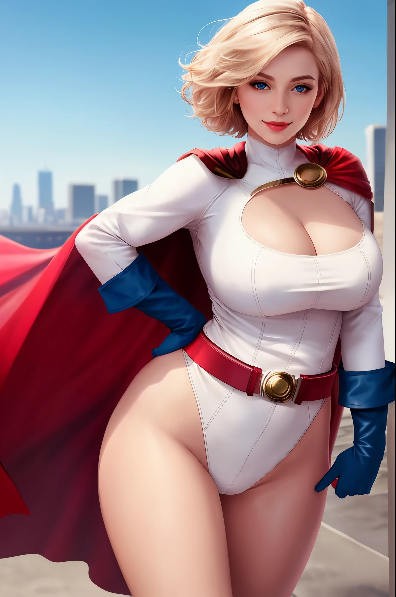 detailed photo of power girl, 8k, lips, smile, cleavage cutout, center opening, belt, blonde hair, blue eyes, cape, cleavage, blue gloves, short hair, 1girl, full body, masterpiece, best quality, realistic