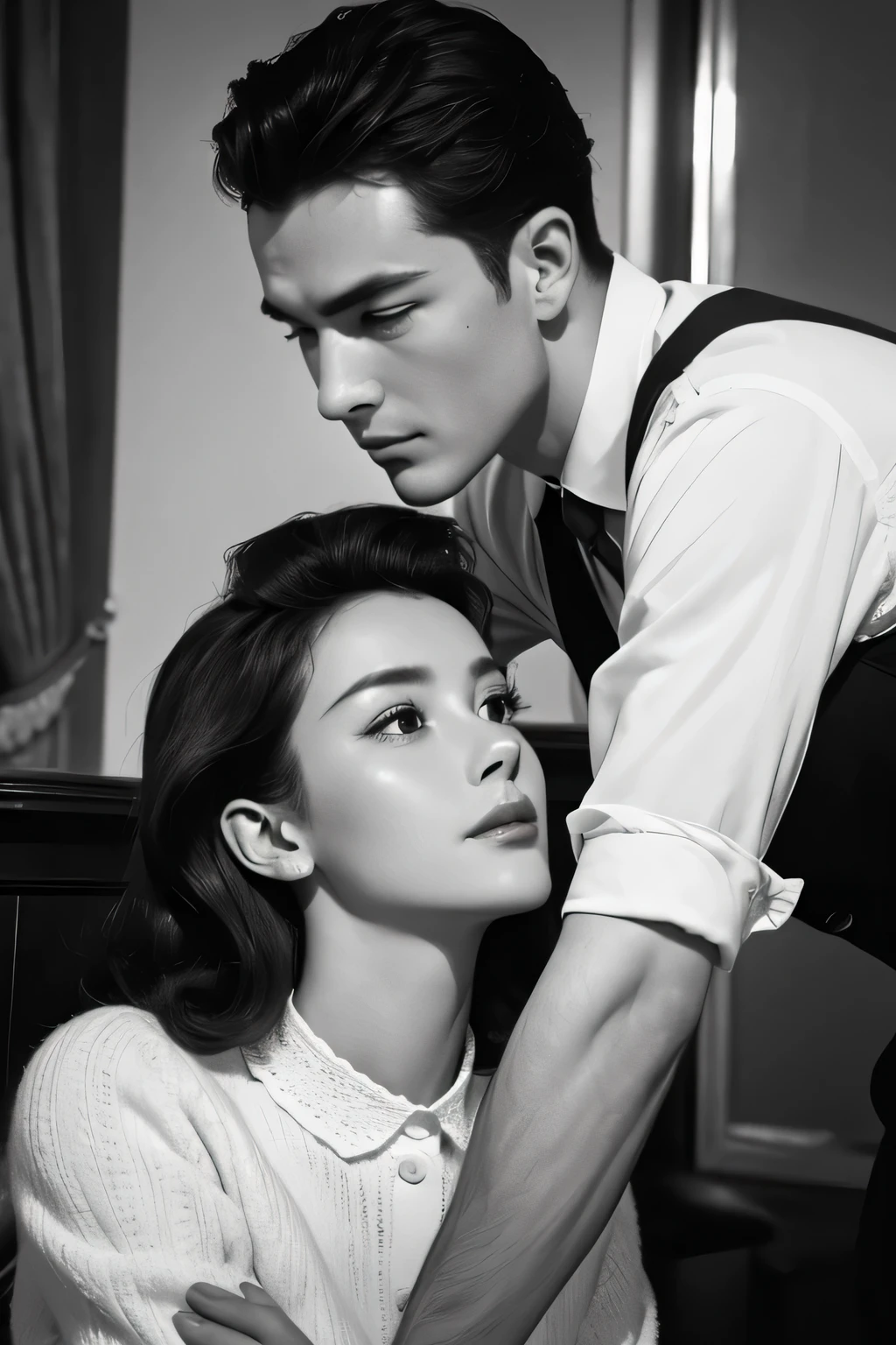 (best quality,4k,8k,highres,masterpiece:1.2),ultra-detailed,(realistic,photorealistic,photo-realistic:1.37),man and woman in love,1950s outfits,european ethnicity, vintage look,black&white, romantic atmosphere,candid moment,detailed facial expressions,affectionate gestures,soft focus,retro background,classic romance, lovers, hands hidden out of frame