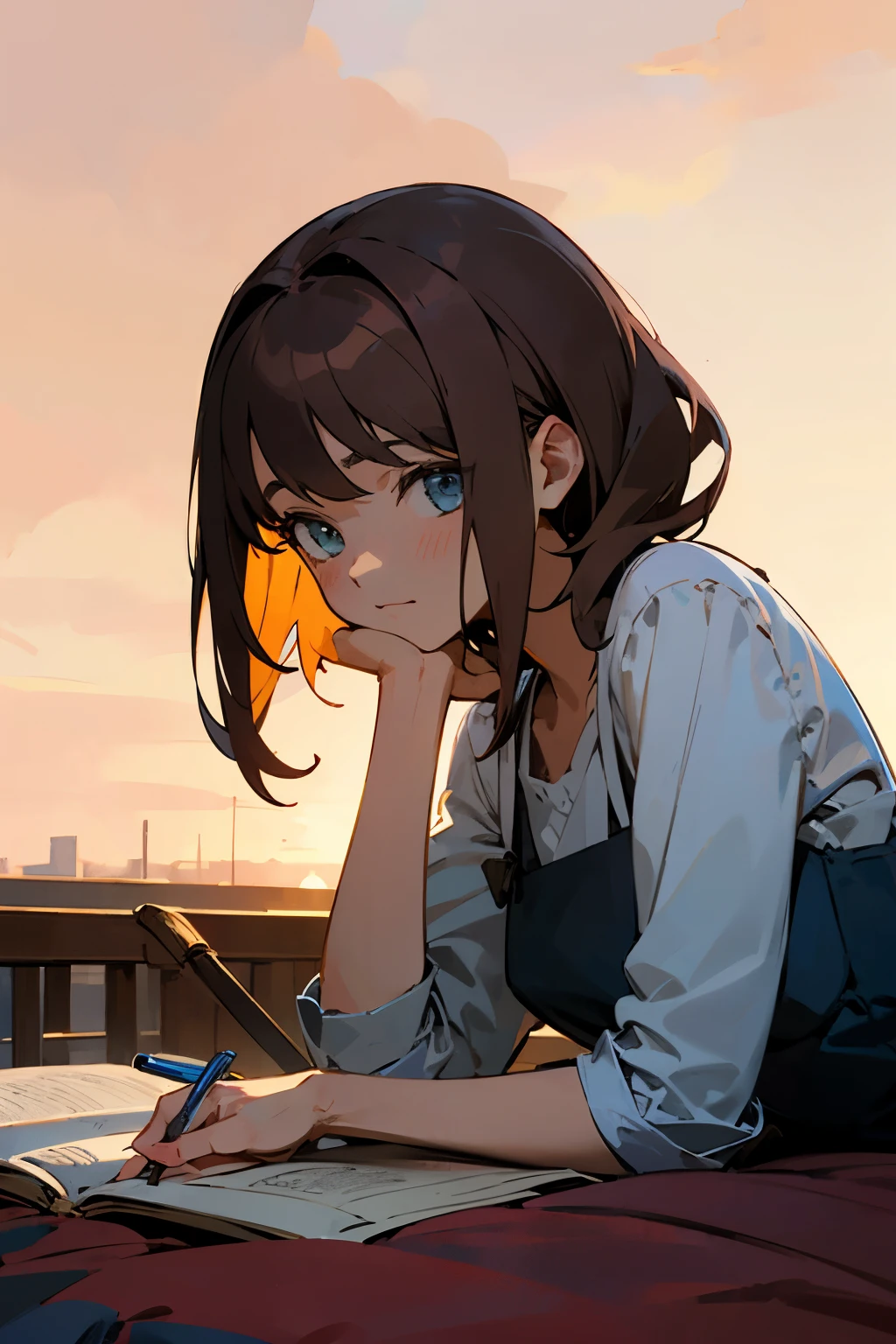 Dessin d'une fille brune aux cheveux courts au épaule qui lit au coucher  du soleil style animé