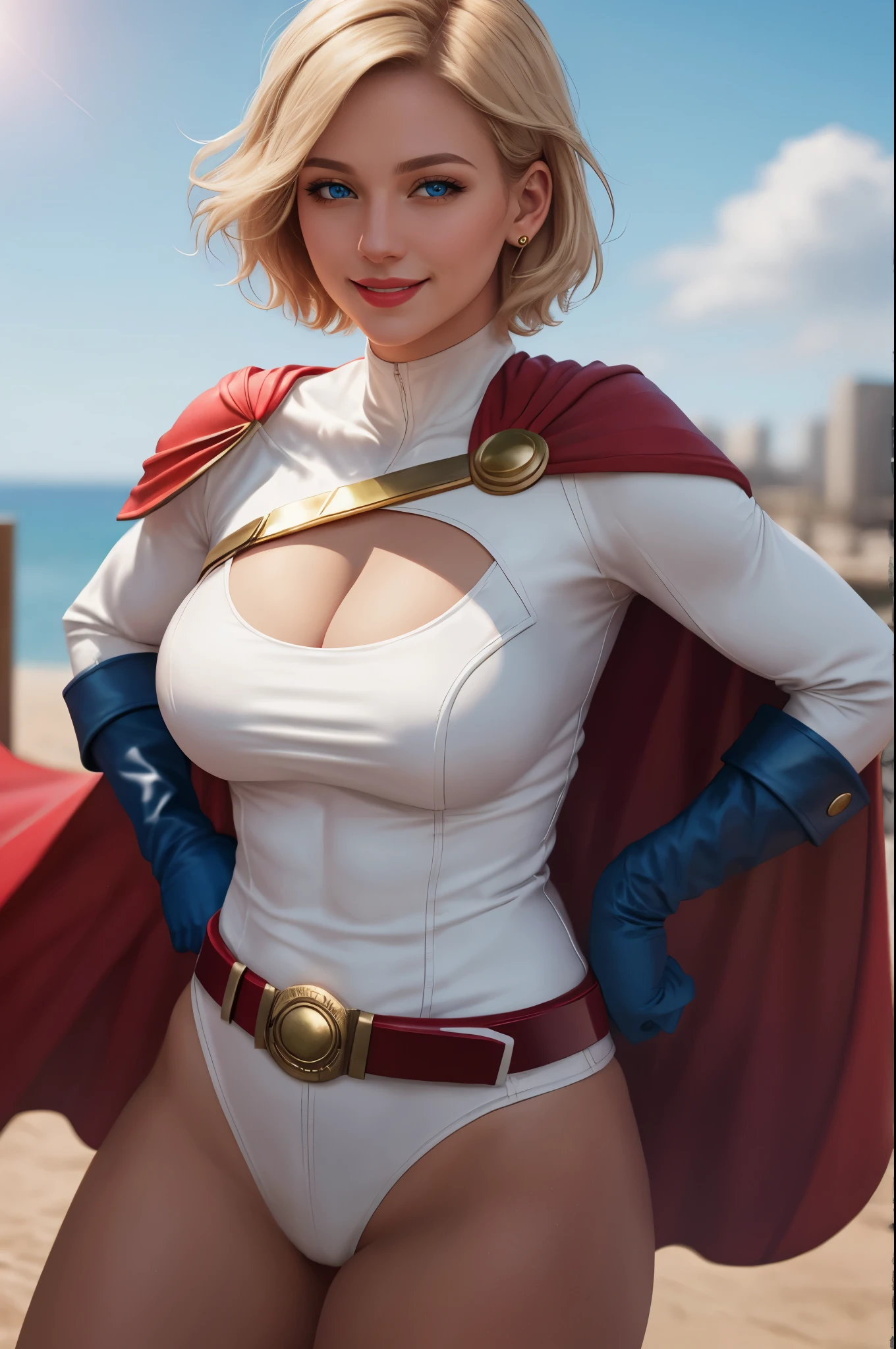 detailed photo of power girl, 8k, lips, smile, cleavage cutout, center opening, belt, blonde hair, blue eyes, cape, cleavage, blue gloves, short hair, 1girl, full body, masterpiece, best quality, realistic