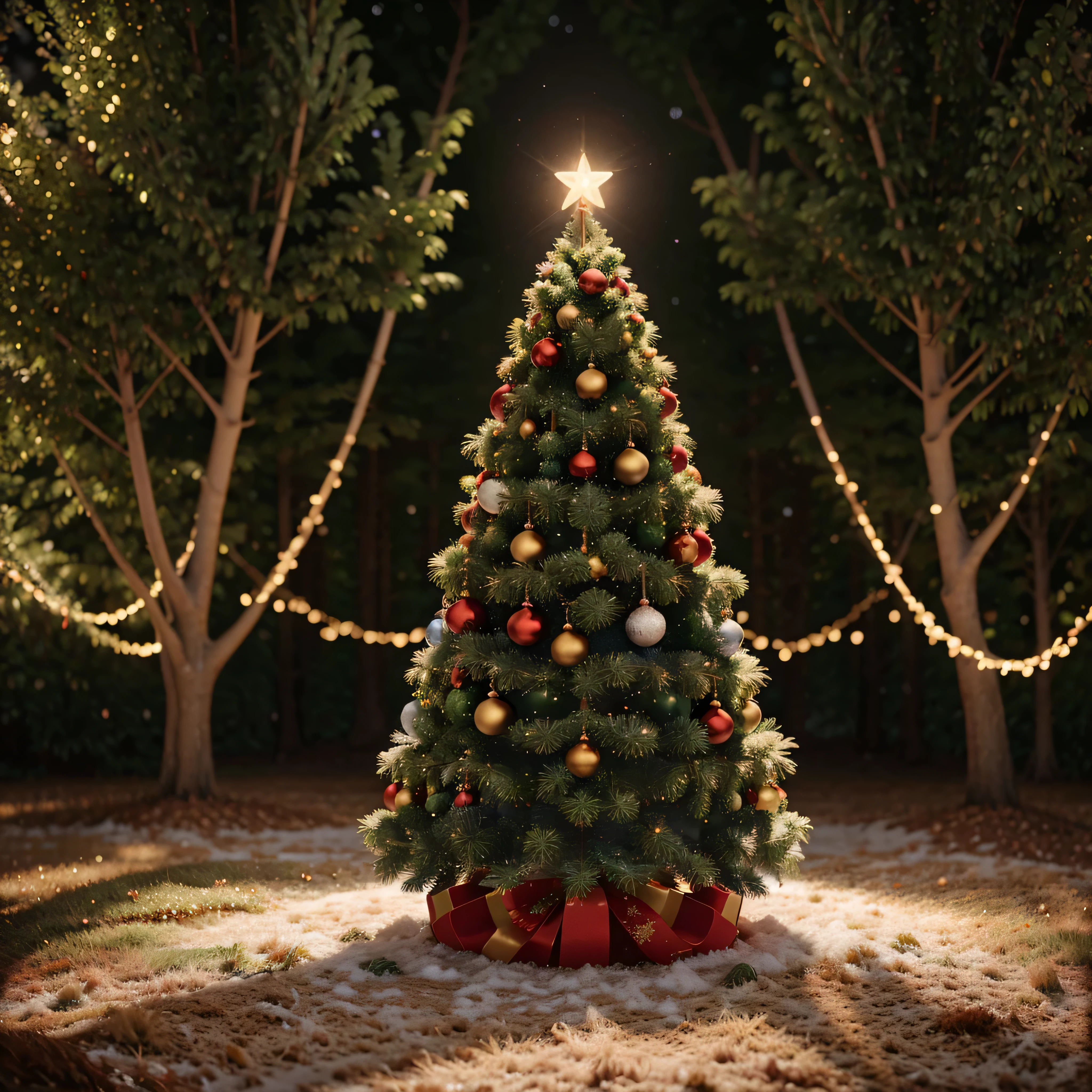 Pixar and disney style Christmas card cute fluffy decorates christmas tree in fairy forest, Christmas card, Volumetric lighting, fotografia de retrato 85mm, octane rendering ultra-realistic, cinematographic scene, octane rendering, Beautiful, gorgeous, dramatic lighting, perfect composition, 8k , detalhes complexos, contains details, hyper-realistic, photo-realistic