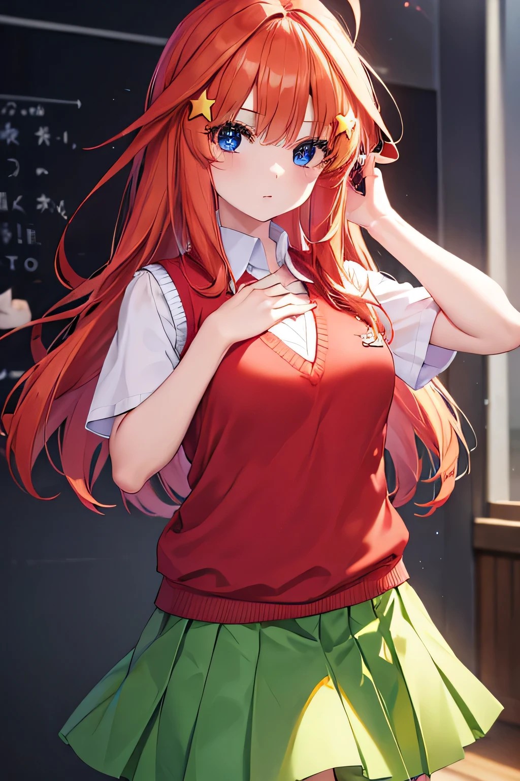 Itsukinakano, Itsuki nakano, Cabello largo, flequillo, ojos azules, pelo entre los ojos, Ahoge, Pelo rojo, estrella \(simbol\), adorno para el cabello, estrella adorno para el cabello, QUEBRAR skirt, camisa, Uniforme escolar, 鎖骨, white camisa, manga corta, falda plisada, Calcetines, collared camisa, minifalda, Rodillas altas, white Calcetines, (falda verde:1.5), sweater vest, (red sweater vest:1.5), QUEBRAR indoors, Classroom, QUEBRAR looking at viewer, (Disparo de vaquero:1.5), QUEBRAR (Obra maestra:1.2), La mejor calidad, High resolution, Unidad 8K Fondo de pantalla, (插圖:0.8), (hermosos ojos detallados:1.6), Cara extremadamente detallada, Perfect lighting, CG extremadamente detallado, (Manos perfectas, Perfect anatomy),
