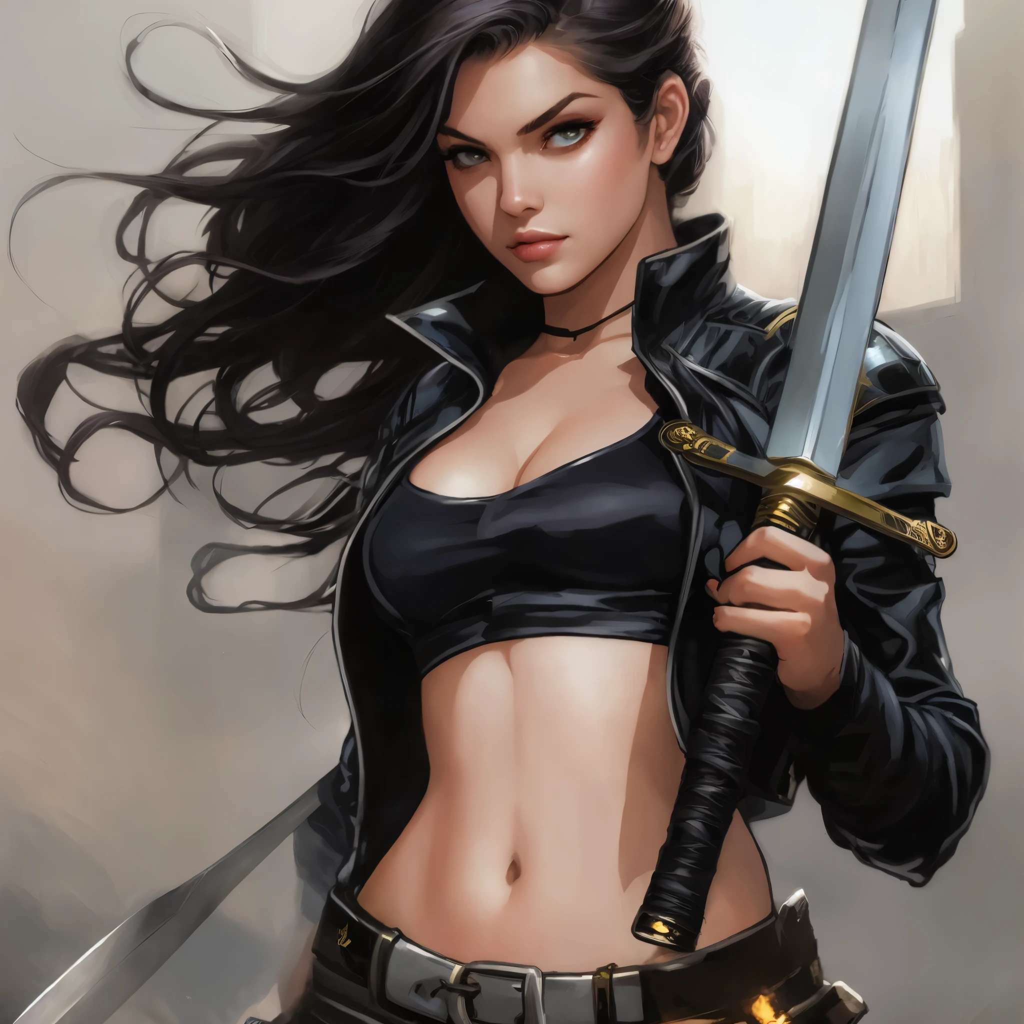 a close up of a woman holding a sword and wearing a black top, zenescope, holding a sword on her shoulder, as illustrated in top cow comics, artgerm greg rutkowski _ greg, she is holding a sword, artgerm and j. dickenson, chris moore. artgerm, style of raymond swanland