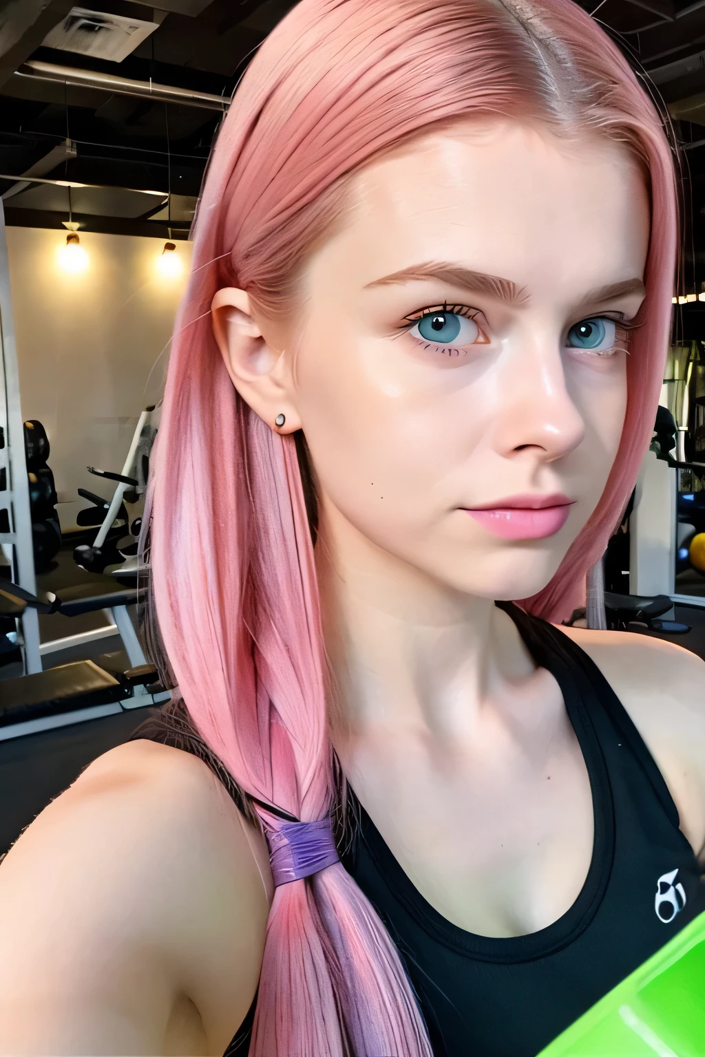 jovem e bonito, 18 anos de origem americana, She's working out at a gym, the young girl is standing, todo som, bebendo um suco detox verde em um copo, ela tem cabelo rosa comprido e molhado, cara rosa, olhos azuis, face clara, elegante, muito lindo,