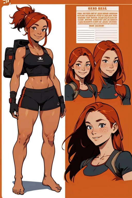 Character reference sheet of a beautiful smiling freckled redhaired barefoot woman in short black sportsgear.