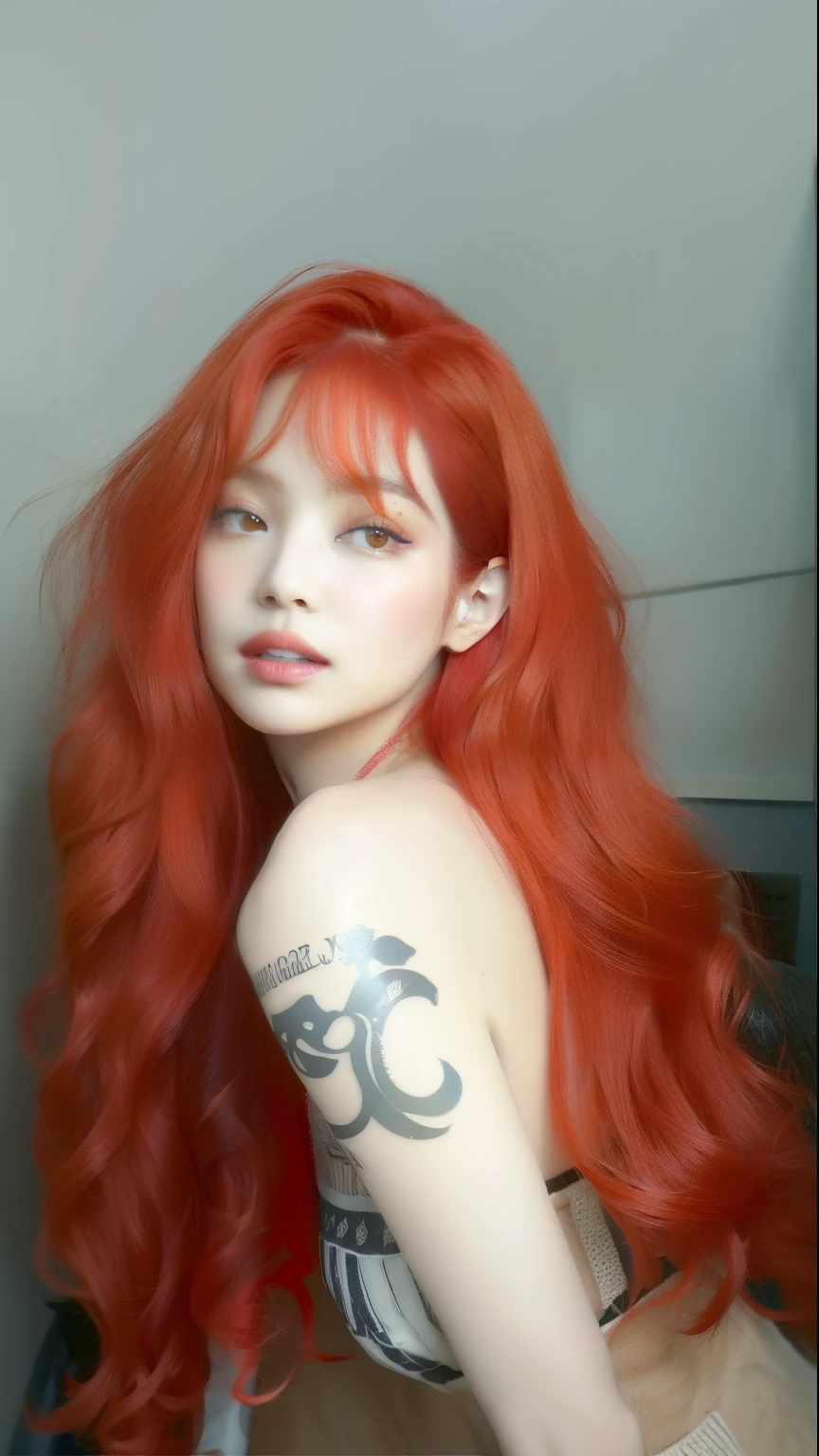a close up of a woman con el pelo largo y rojo and a tattoo on her arm, Ella tiene el pelo largo redorange, piel naranja y cabello largo y ardiente, coral brown hair, muy largo y ondulado cabello rojo fuego, Cabello largo y ondulado de color naranja, con cabello rojo rizado, con el pelo largo y rojo, Pelo largo de color naranja, con cabello largo y ondulado de color rojo, Cabello rojo ondulado y vibrante