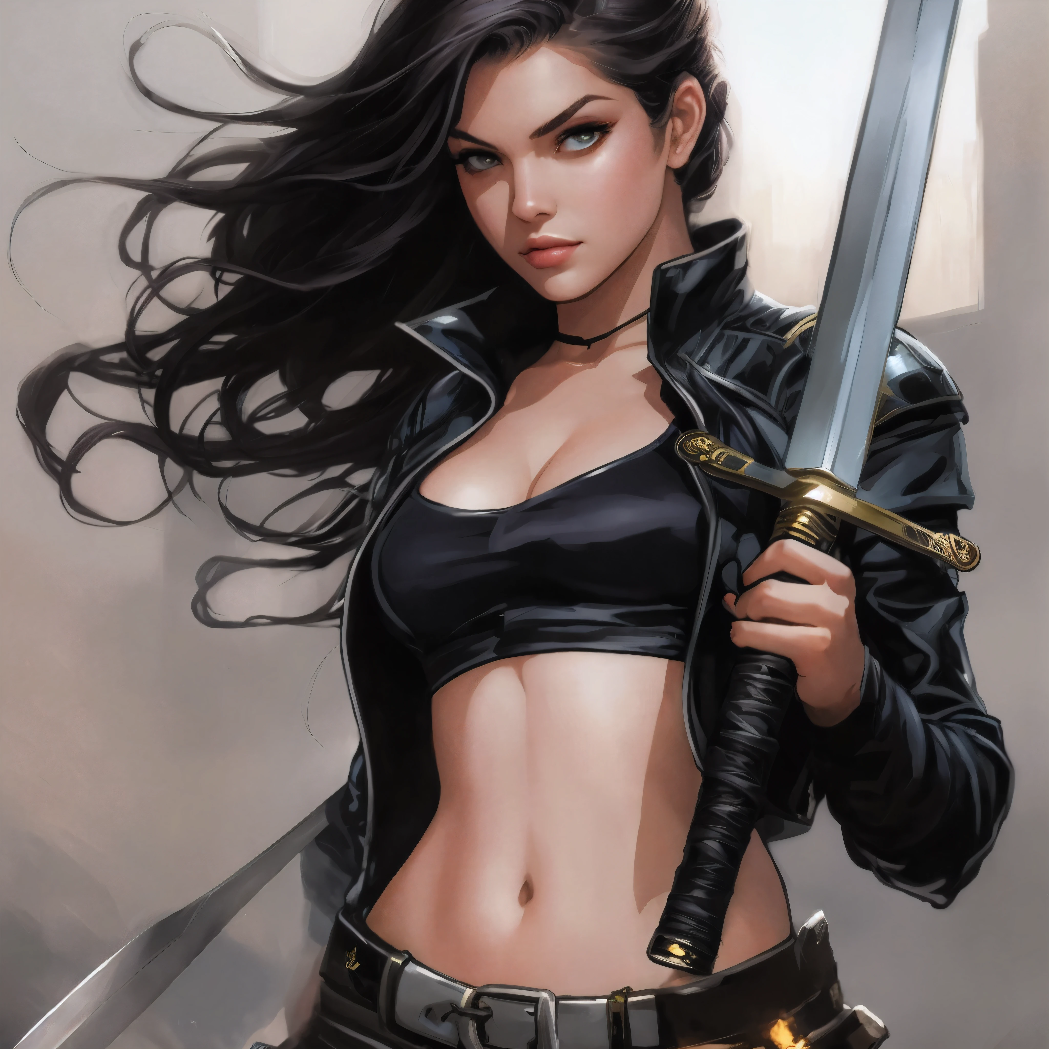 a close up of a woman holding a sword and wearing a black top, zenescope, holding a sword on her shoulder, as illustrated in top cow comics, artgerm greg rutkowski _ greg, she is holding a sword, artgerm and j. dickenson, chris moore. artgerm, style of raymond swanland