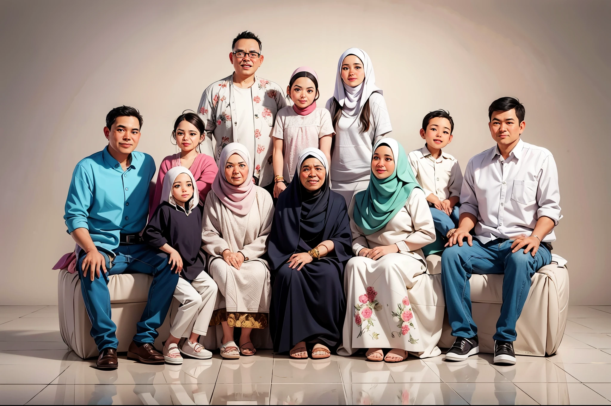 arafed family posing for a picture in a white room, full protrait, indonesiam muslim, women wearing hijab, family, happy family, family portrait, family photography, potrait, protrait, by Basuki Abdullah, an indonesian family portrait, family photo, casual photography, portrait n - 9, taken with canon eos 5 d mark iv, photo portrait, portrait picture