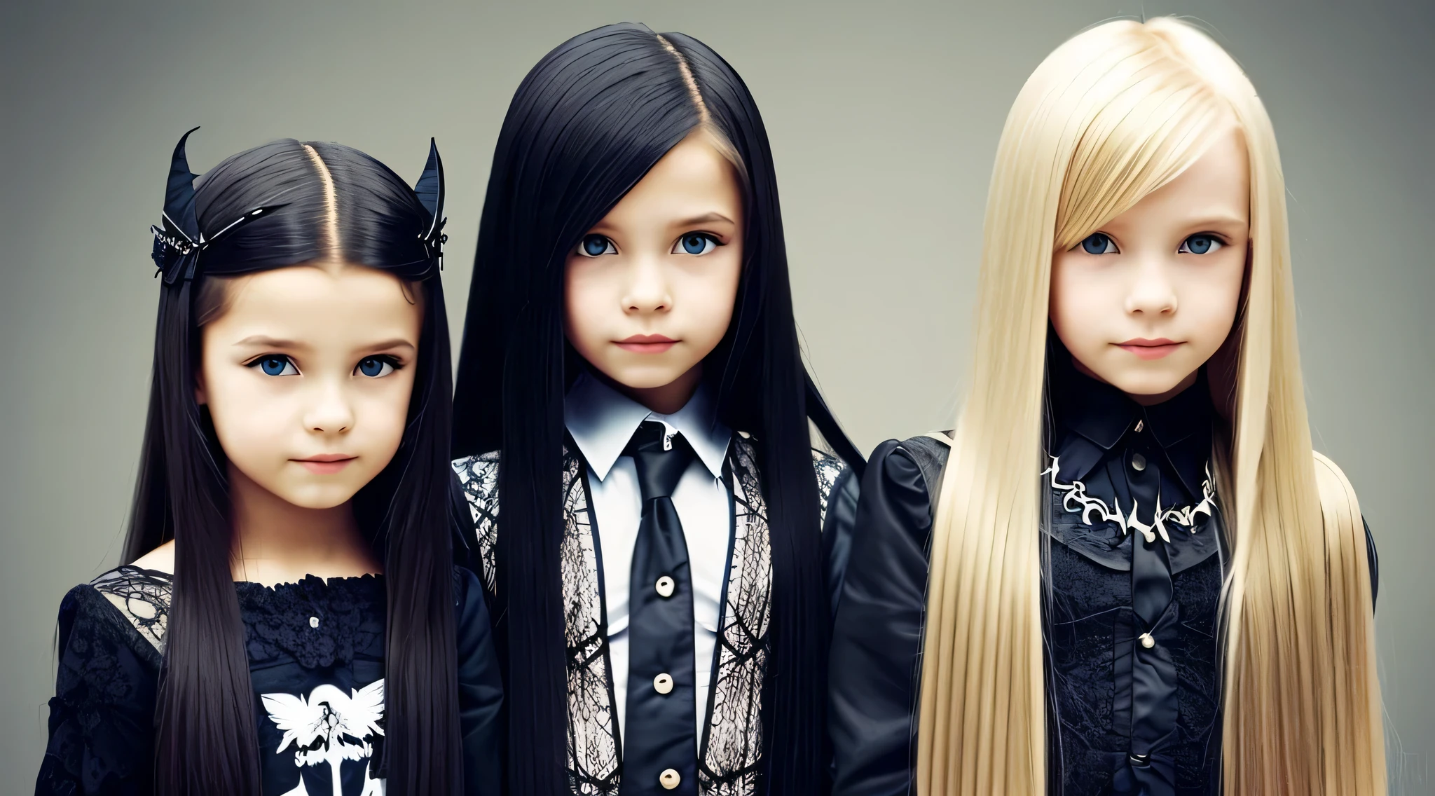 GIRLS CHILDREN, WITH VERY LONG STRAIGHT DARK HAIR, BLACK FUR COAT., PETROLEUM BLUE BACKGROUND.
