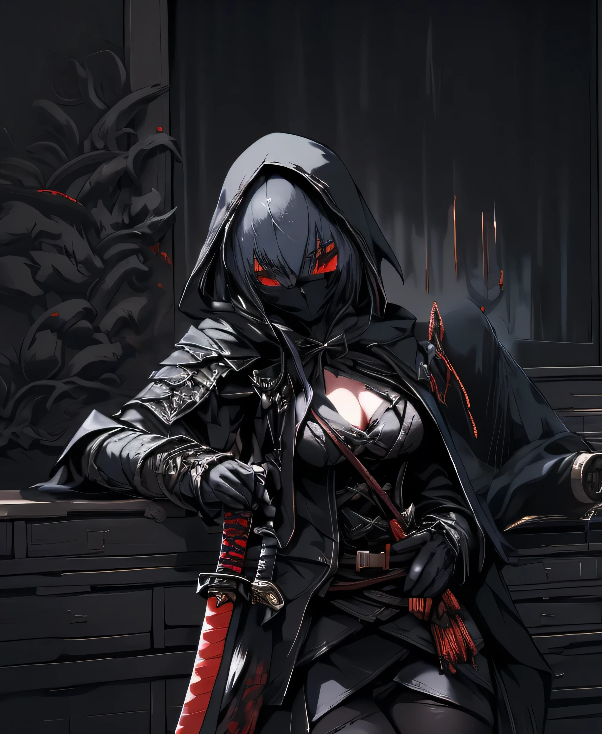 Katana in hand, blackstockings, woman wearing hooded jacket, Female Assassin, female rouge killer, portrait of a bloodborne hunter, heroines, wearing leather assassin armor, Beautiful female killer, A female character, Female thief avatar, Unreal Engine5,