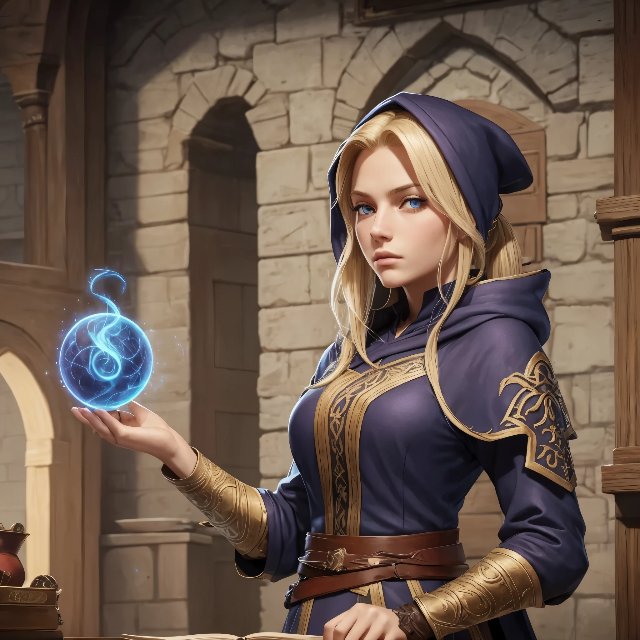 Blonde twenty years old female, European female, mage apprentice, fair but not beautiful, weak, determined, confident, bratty in a magic academy, digital drawing, roleplaying game, dirty, rough, ponytail, shady badass, hood, red tips, Jedi padawan clothes, medieval