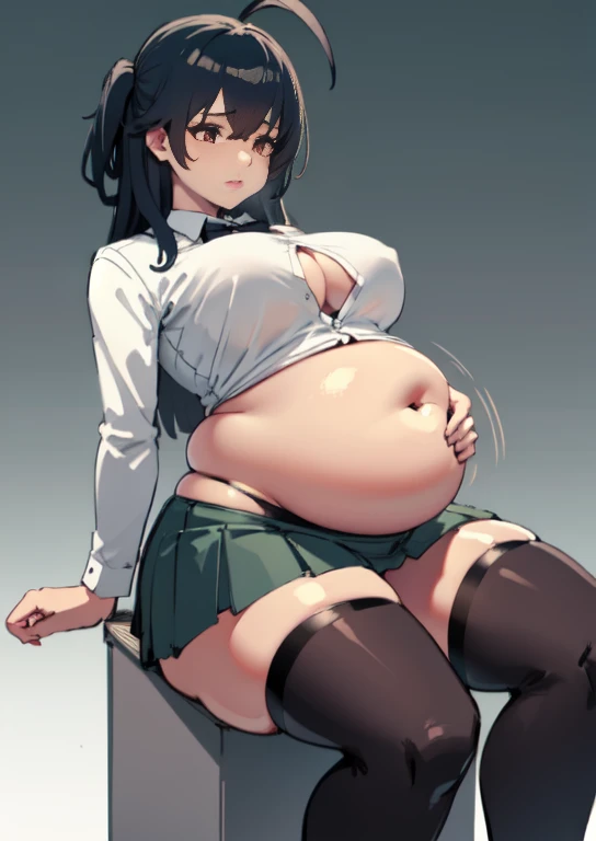 (masterpiece, best quality), 1girls, big belly, blurry background, huge belly, art by kipteitei, round belly, chubby, curvy, white button-up shirt, skirt, thighhighs, simple_background, gradient_background, belly bursting out of shirt, belly grab, enormous belly, fat belly, thicc, bigger belly, sitting on chair, really big belly, jiggly belly, shirt covering belly, belly cover by shirt