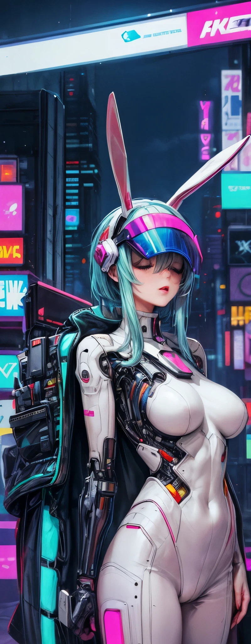 1 Girl, Skin-Tight Body-suite, White Body-Suite, Mecha-Bunny Ears, ((wearing cybernetic Visor covering the eyes)), Gadgets, (cyberpunk city background at night)