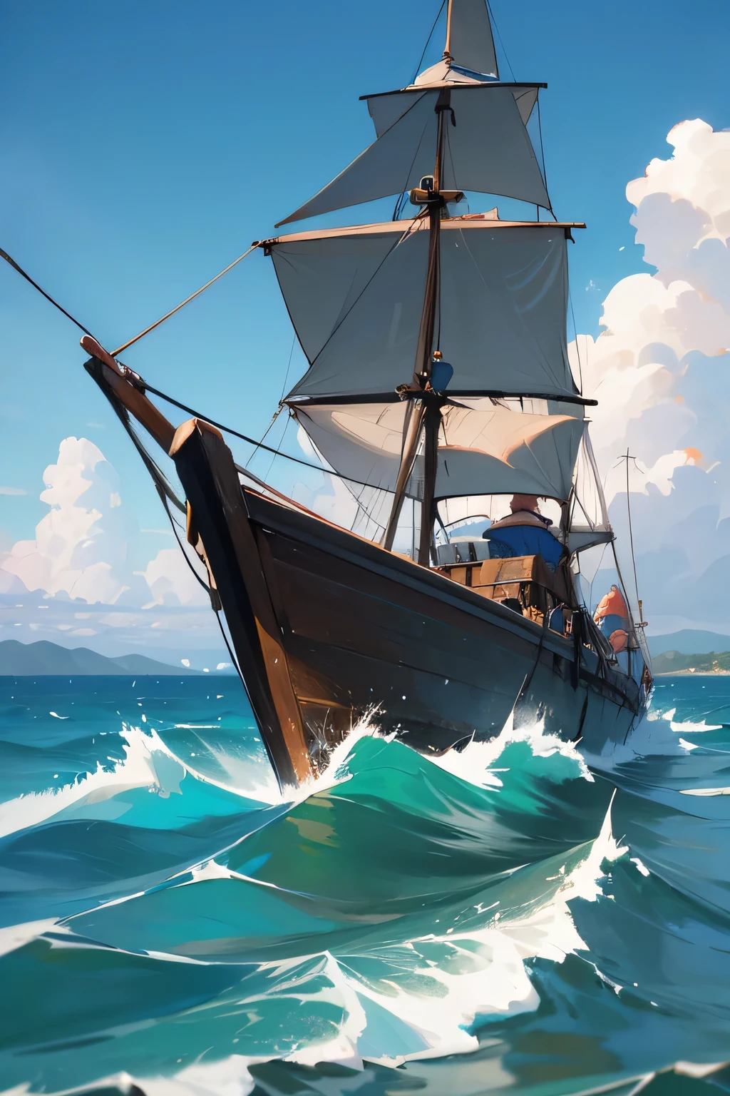Wide angle, Santiago from old man and the sea, fisherman, old, torn clothes , cowboy hat, in the sea, sailing with a skiff which is 16 feet long,