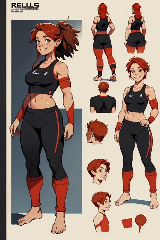 Character reference sheet of a beautiful smiling freckled redhaired barefoot woman in short black sportsgear.