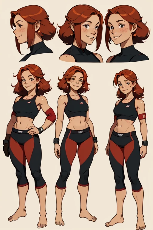 Character reference sheet of a beautiful smiling freckled redhaired barefoot woman in short black sportsgear.