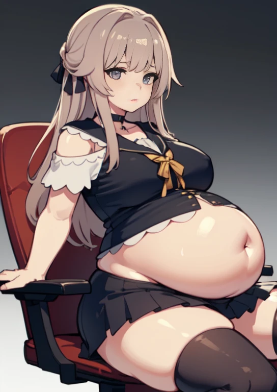 (masterpiece, best quality), 1girls, big belly, blurry background, huge belly, art by kipteitei, round belly, chubby, curvy, white button-up shirt, skirt, thighhighs, simple_background, gradient_background, belly bursting out of shirt, belly grab, enormous belly, fat belly, thicc, bigger belly, sitting on chair, really big belly, jiggly belly, shirt covering belly, belly cover by shirt